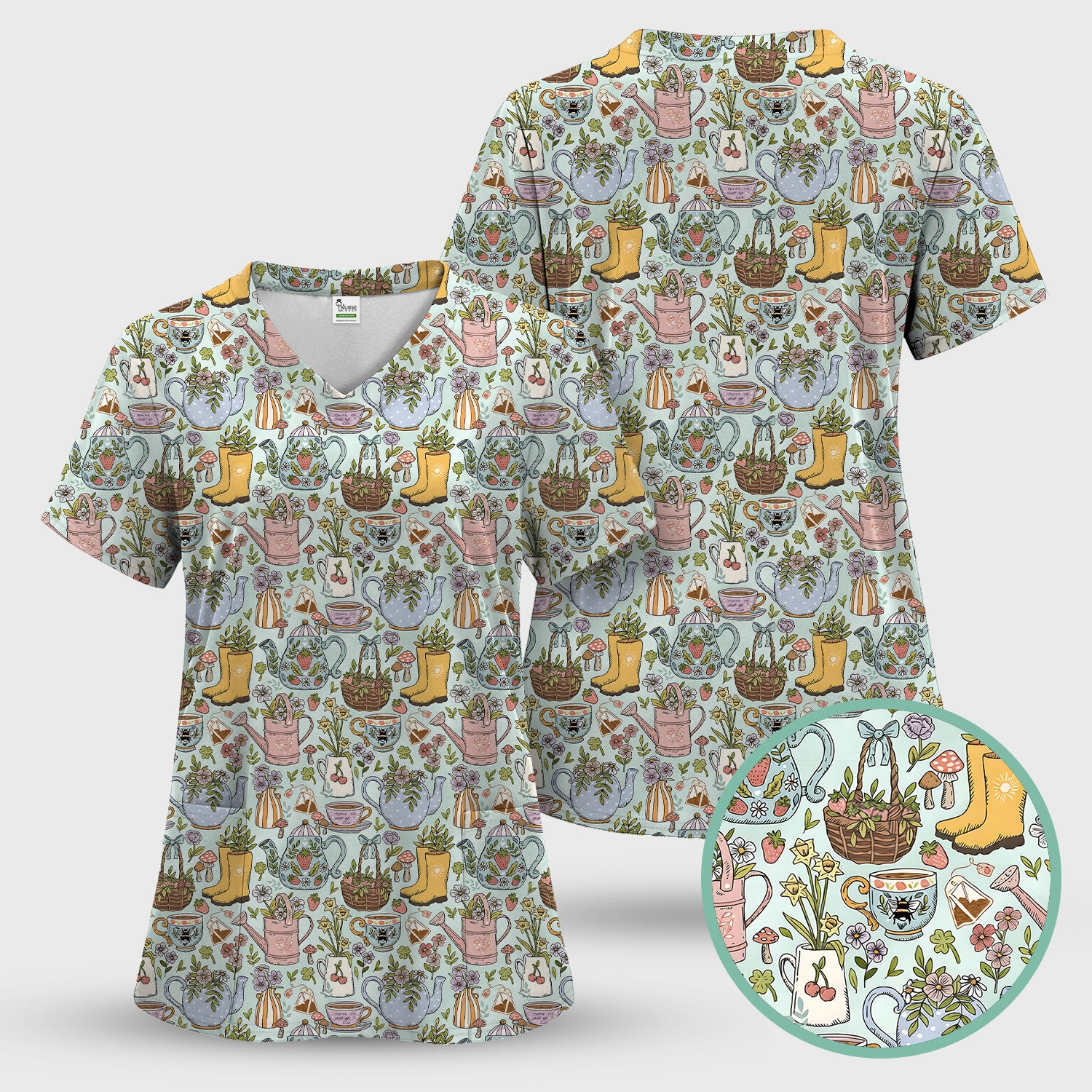Garden Tea Party Floral Print Scrub Top, Comfortable Scrubs for Nurses