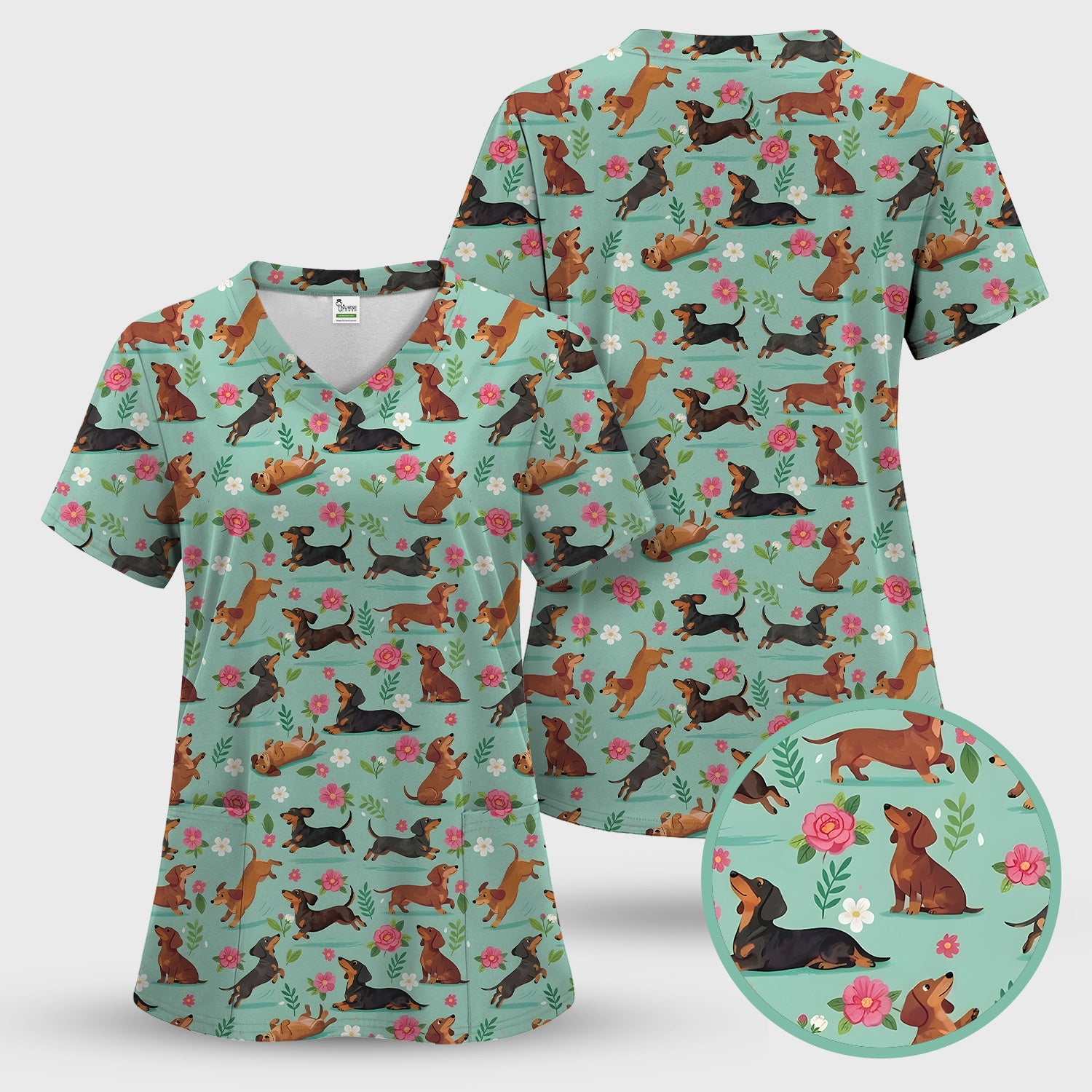 Cute Floral Dachshund Puppy Pattern Scrub Top, Comfortable Scrubs for Nurses