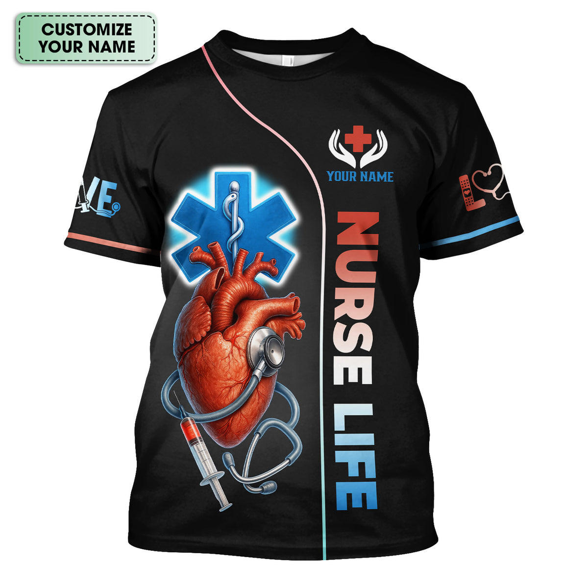 Personalized Nurse Life Scrub Top - Anatomical Heart with Stethoscope Design - Custom Name Medical Uniform for RN, LPN, CNA