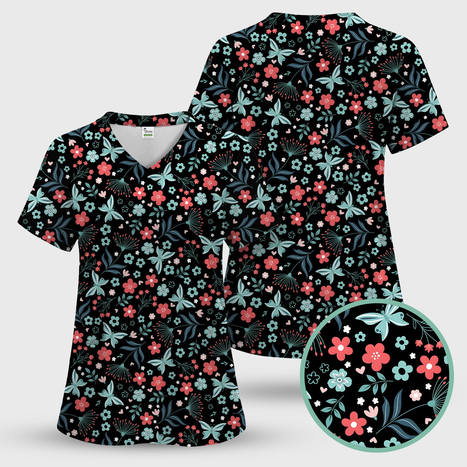 Cute Floral Butterfly Garden Print Scrub Top, Comfortable Scrubs for Nurses