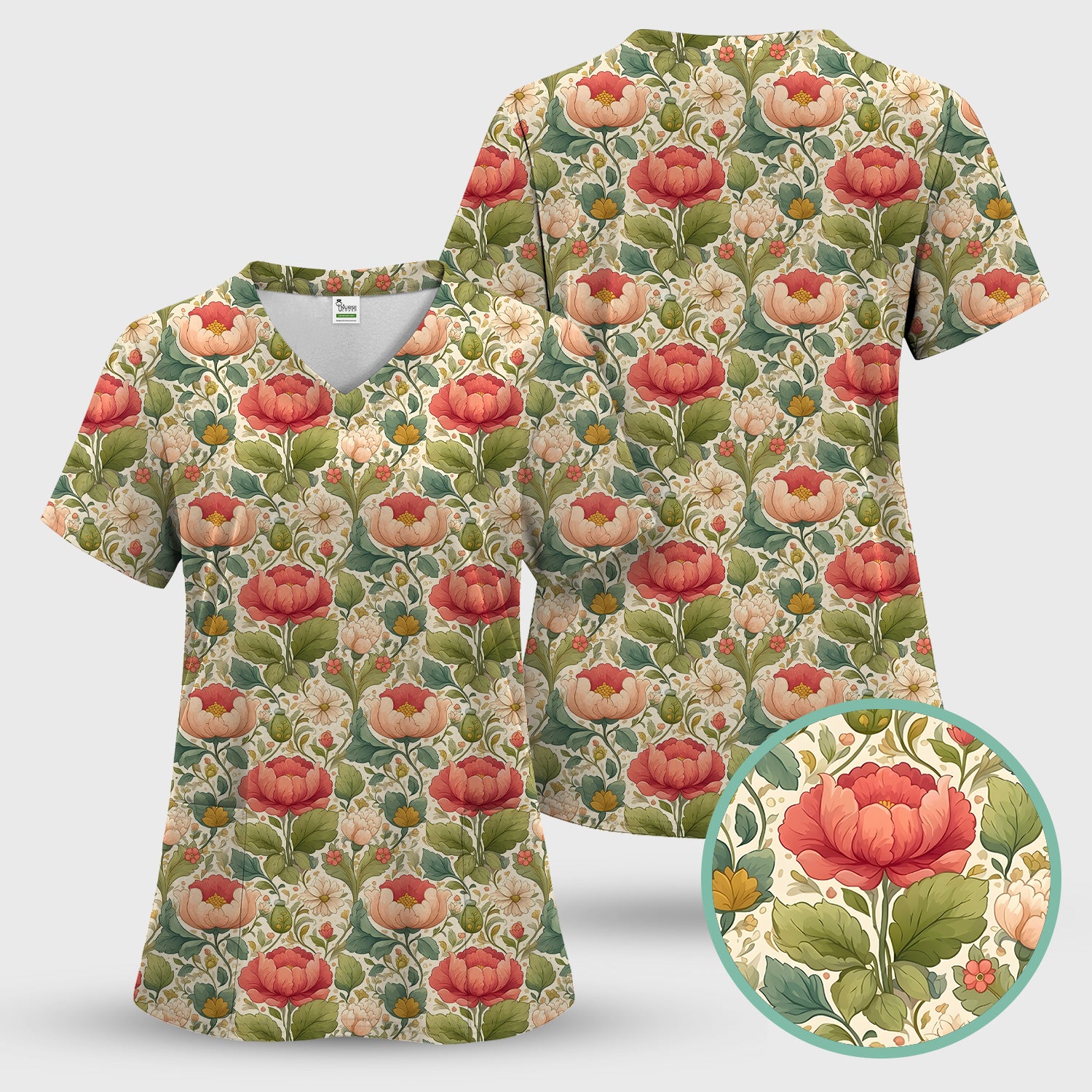 Vintage Botanical Peony Floral Pattern Scrub Top, Breathable Fabrics Nursing Uniform