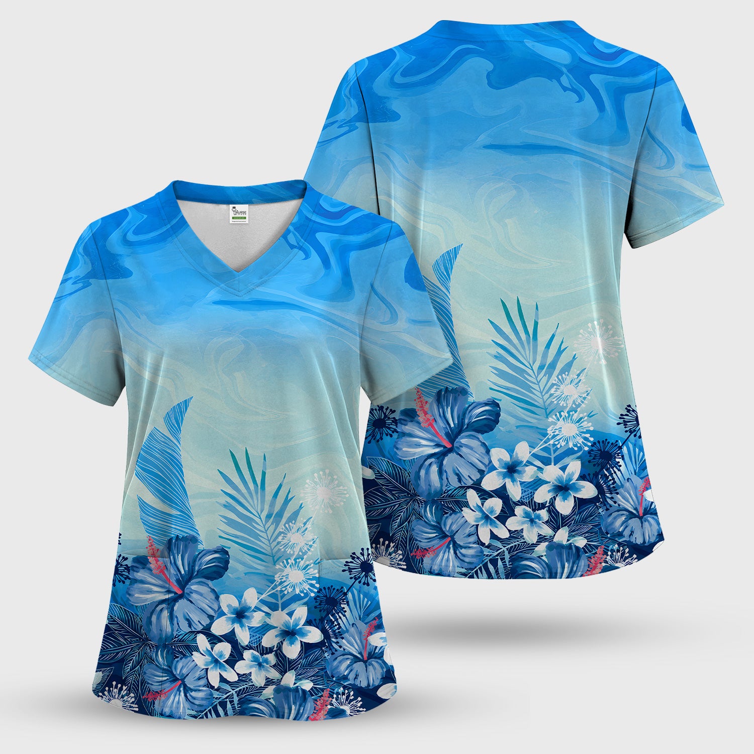 Elegant Blue Tropical Floral Pattern Scrub Set, Scrub Pants and V Neck Top