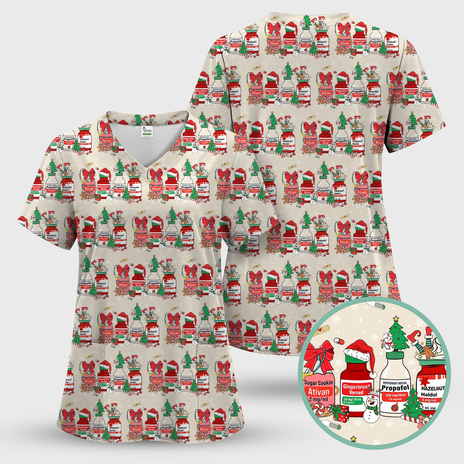 Funny Christmas Medication Scrub Top – Festive Holiday Pharma Bottles Pattern – Playful Medical Uniform for Nurses, Pharmacists & Healthcare Workers