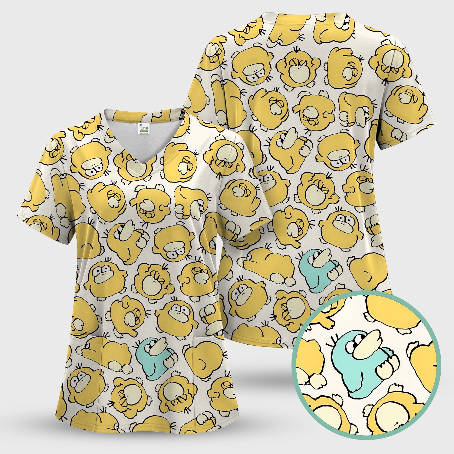 Funny Yellow Cartoon Duck Pattern Scrub Top, Comfortable Scrubs For Nurses
