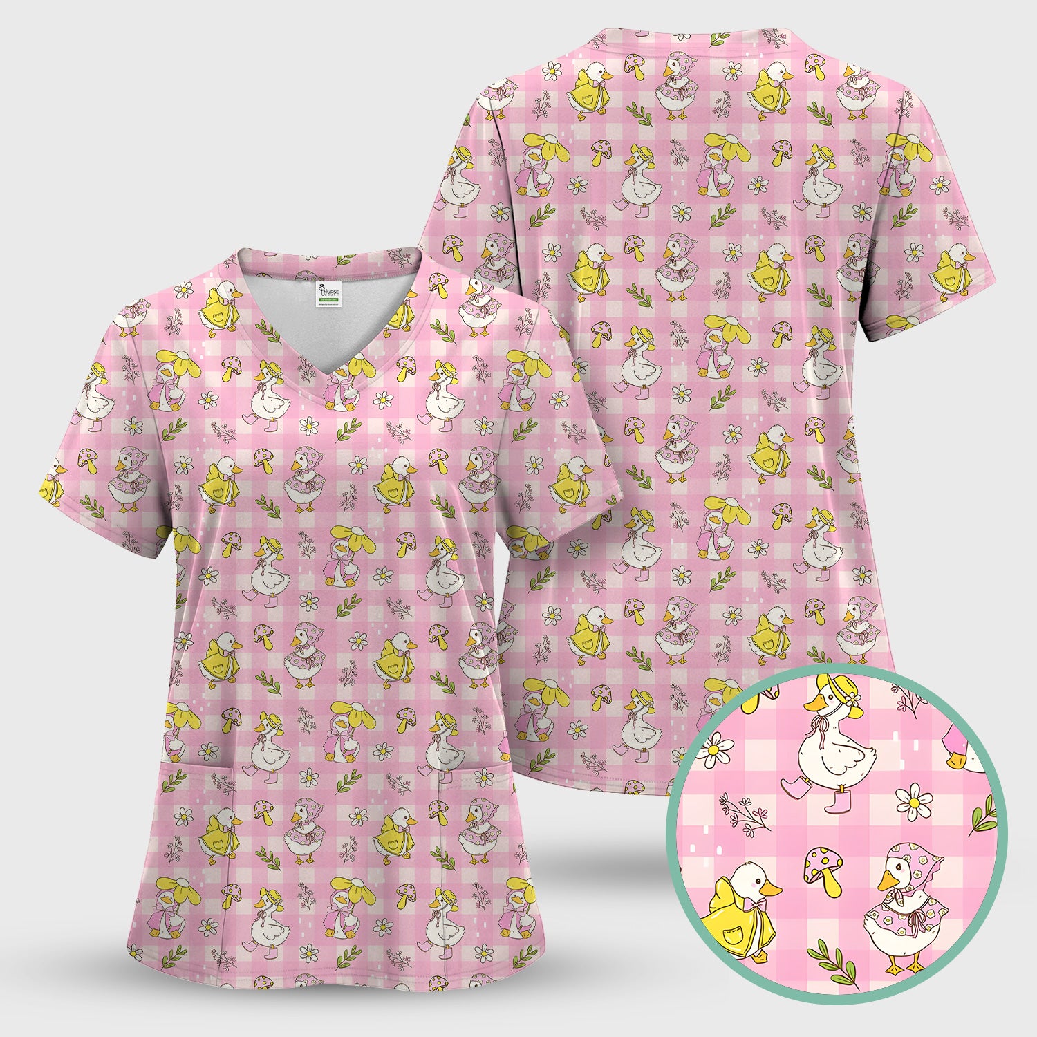 Spring Duckling Gingham Pattern Scrub Top, Comfortable Scrubs for Nurses