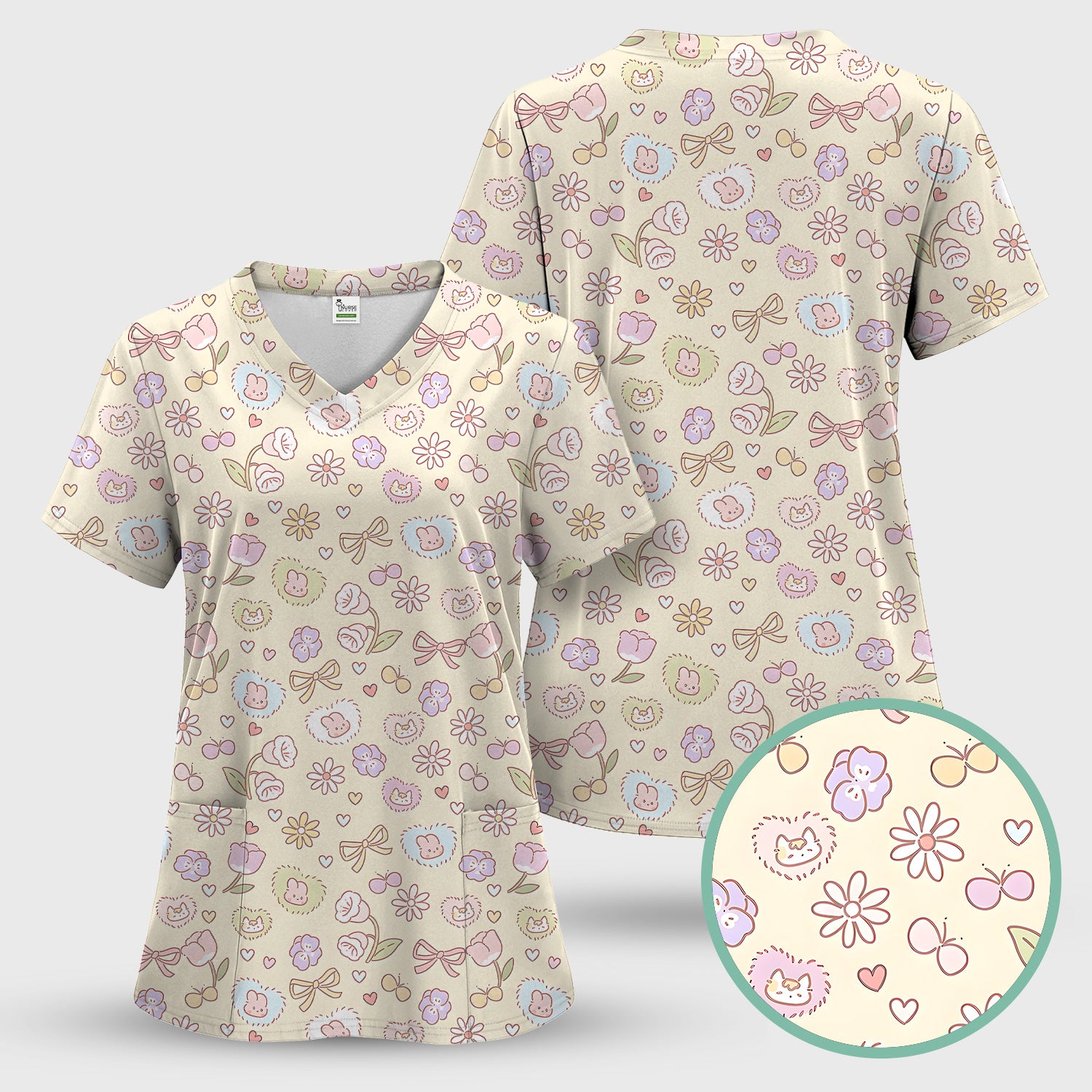 Pastel Bunny Flower Heart Pattern Nurse Scrub Top, Comfortable Scrubs for Nurses