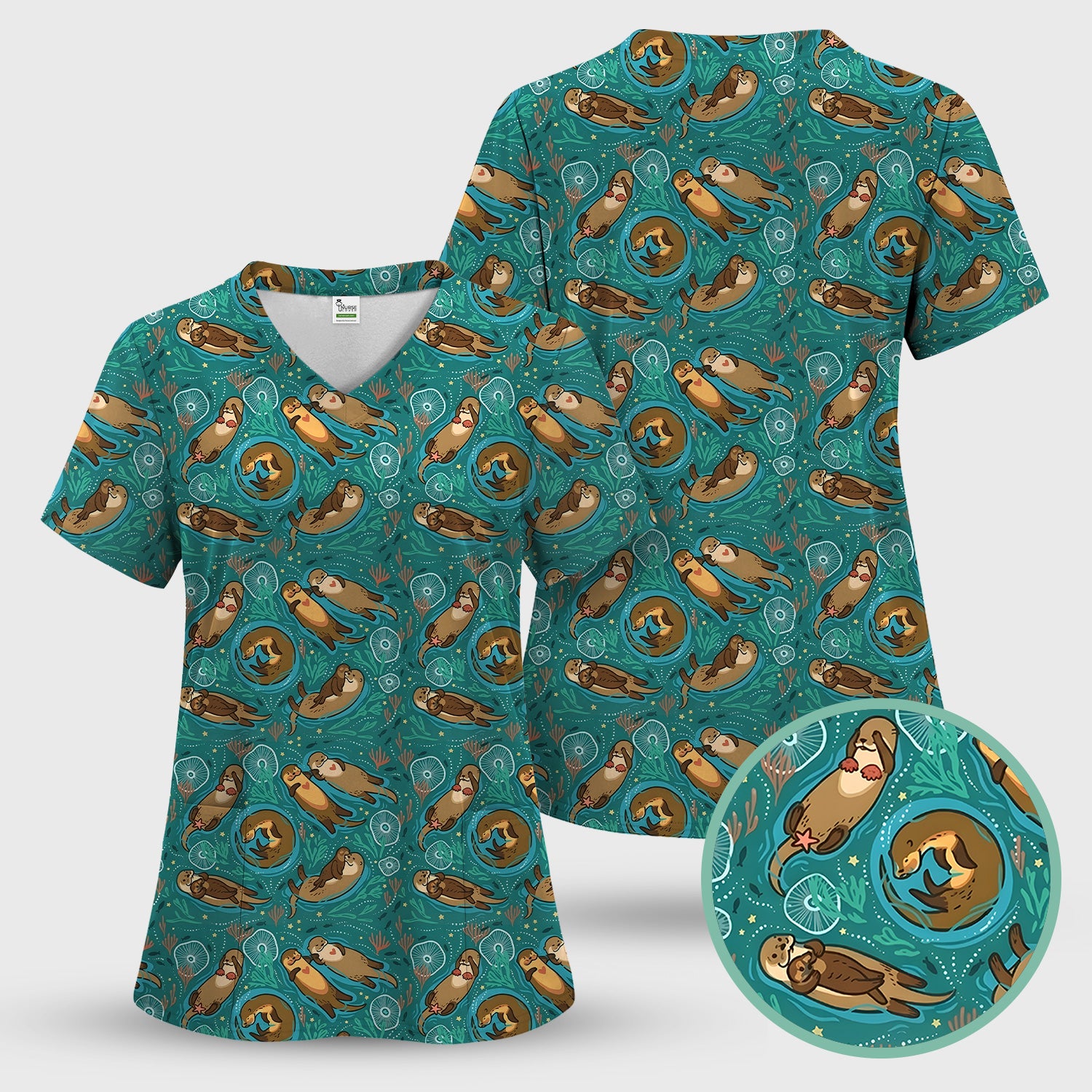 Sea Otter Floating Ocean Pattern Scrub Top, Comfortable Scrubs for Nurses