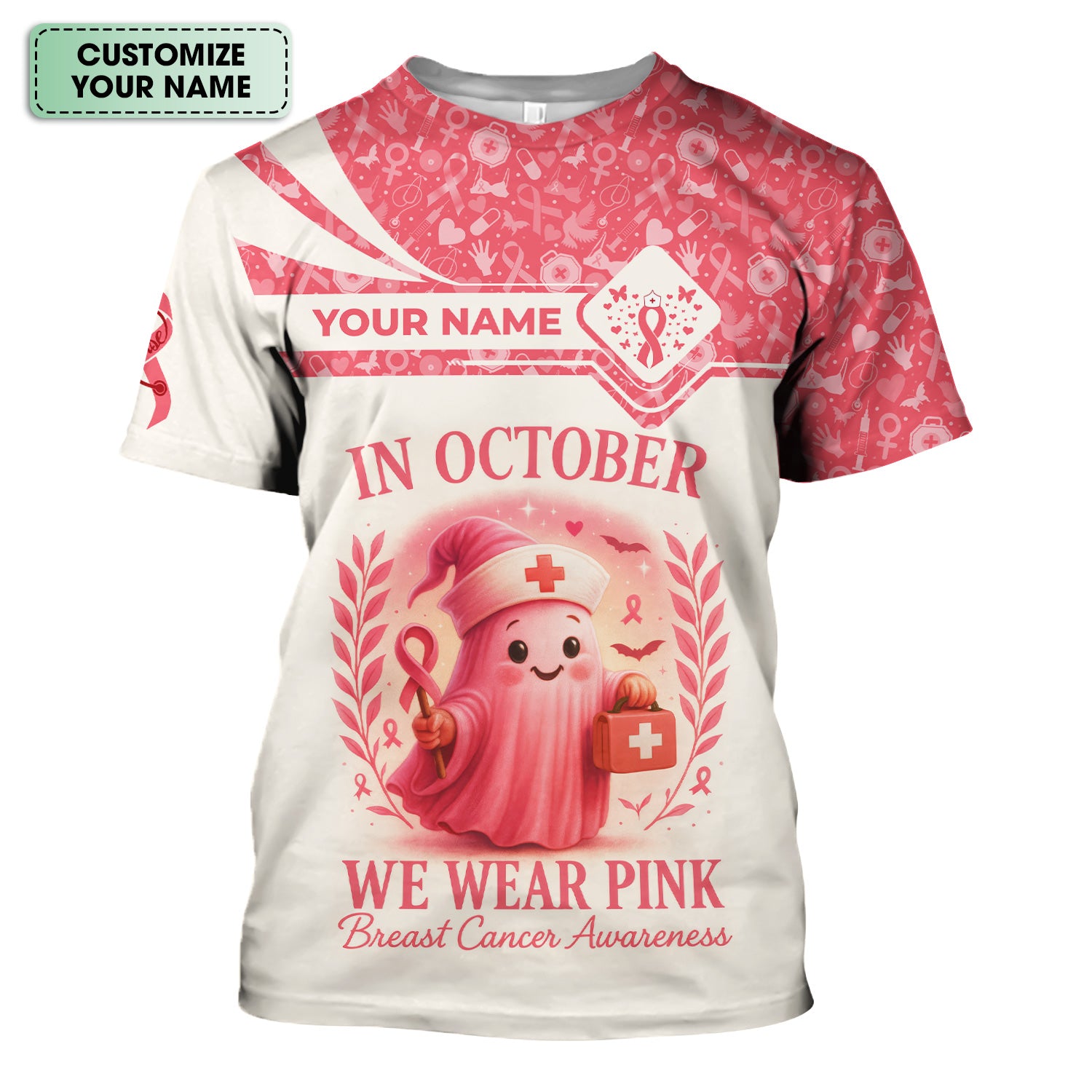 Personalized In October We Wear Pink Shirt - Breast Cancer Awareness Scrub Top - Cute Nurse Uniform Tee with Custom Name