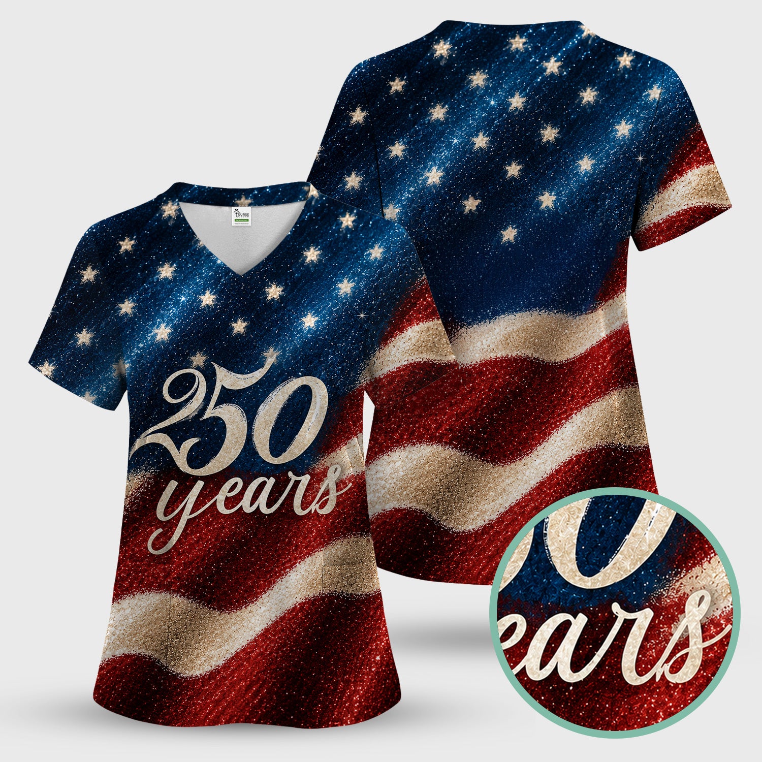 Festive American Flag 250 Years Pattern Scrub Top, Comfortable Scrubs for Nurses