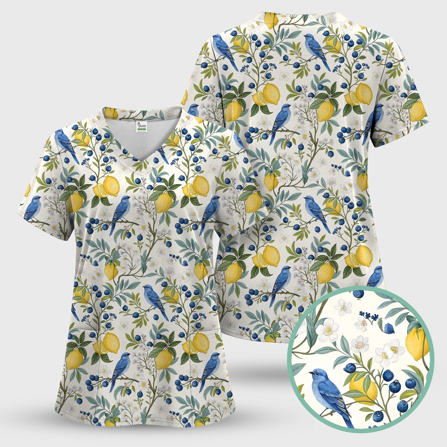 Cute Bluebird Lemon Berry Pattern Scrub Top, Comfortable Scrubs for Nurses