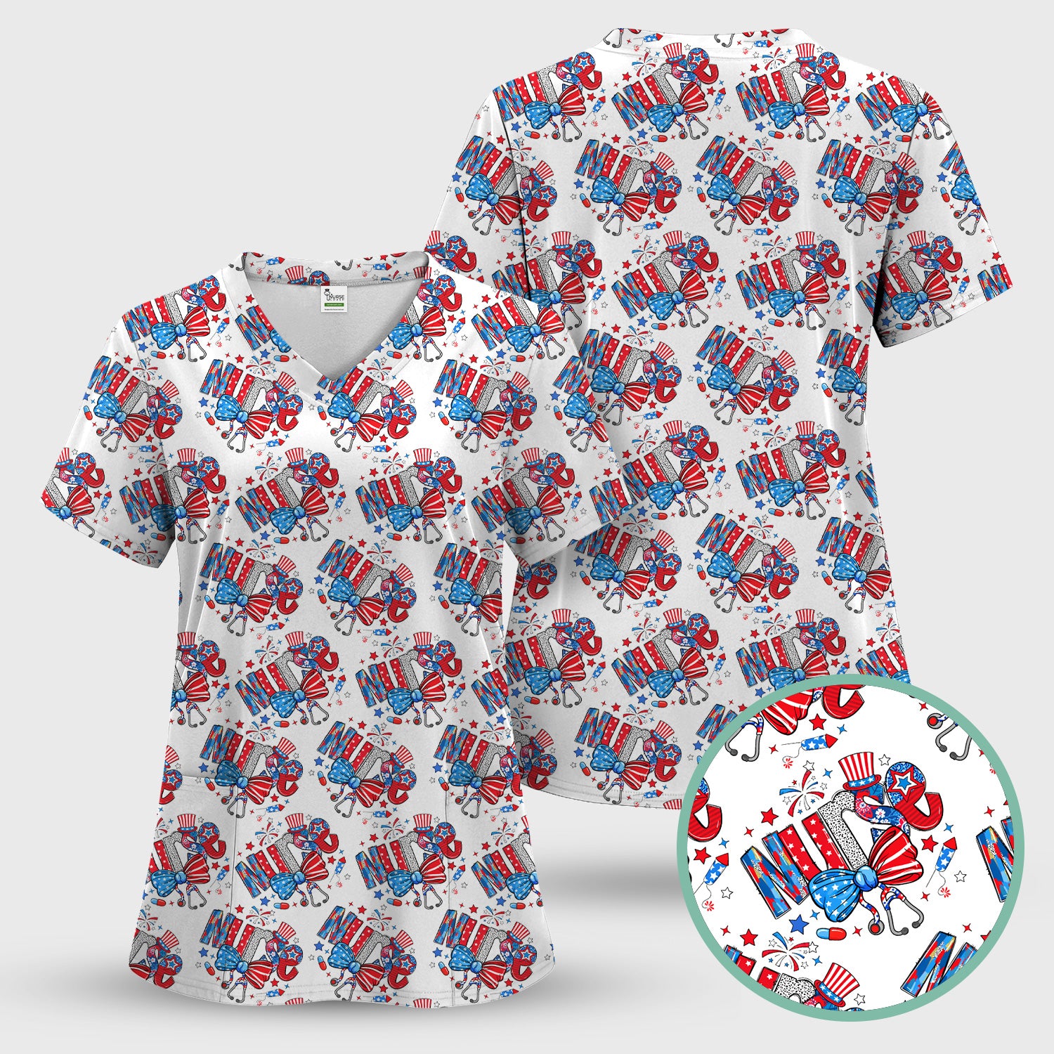 USA Nurse Stethoscope Patriotic Bow Hat Pattern Scrub Sets, Scrub Pants and V Neck Top