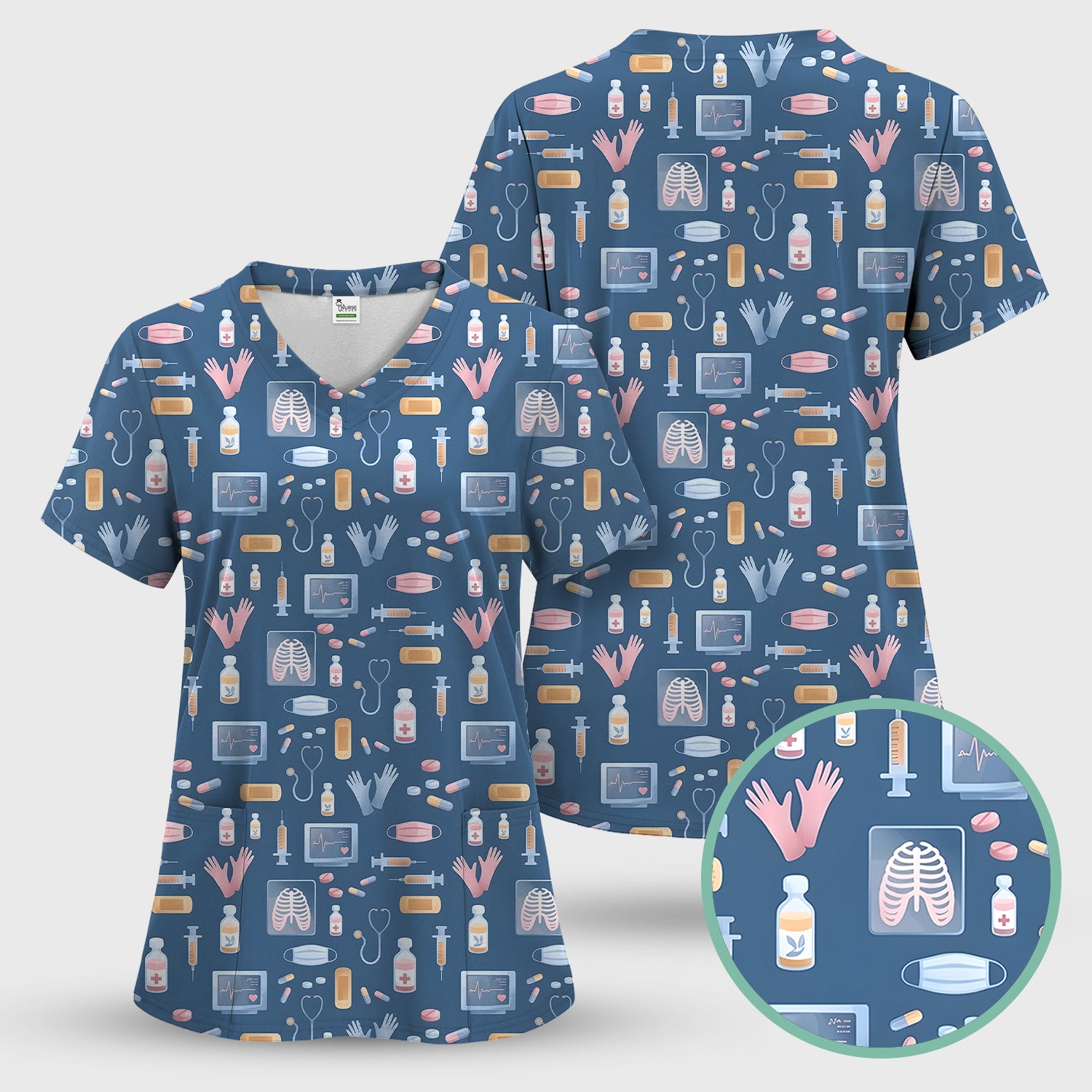 Medical Tools Gloves Syringe Pill Monitor Pattern Scrub Set, Scrub Pants and V Neck Top