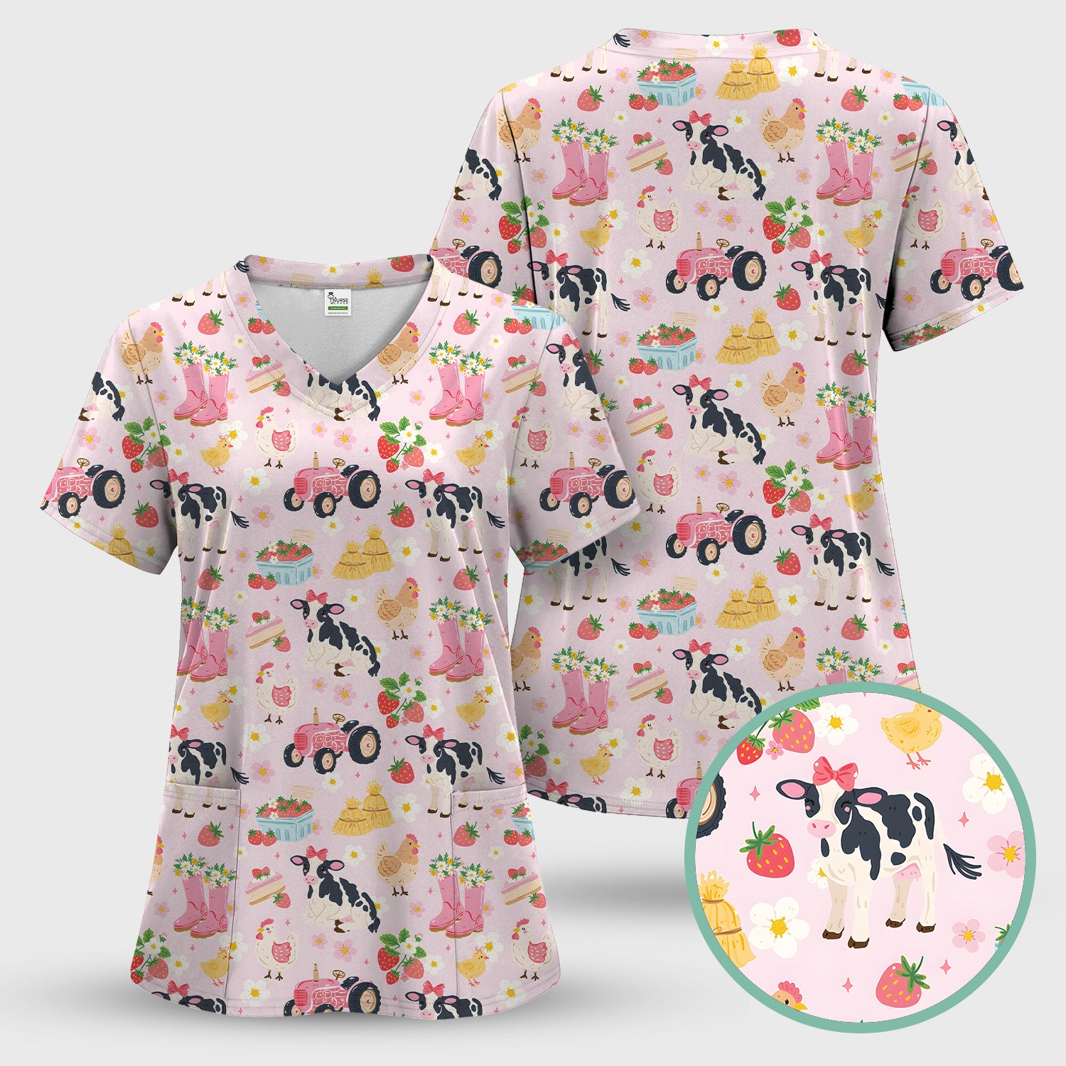 Cute Farm Animals & Strawberry Garden Pattern Scrub Set, Scrub Pants and V Neck Top