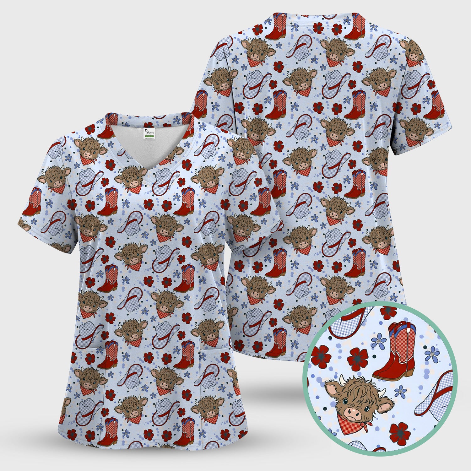 Cute Highland Cow Cowboy Boots Pattern Scrub Top, Comfortable Scrubs for Nurses