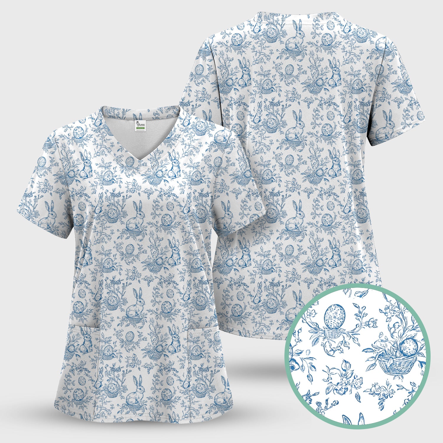 Easter Bunny Floral Egg Toile Pattern Design Print Set, Women's Scrub Sets