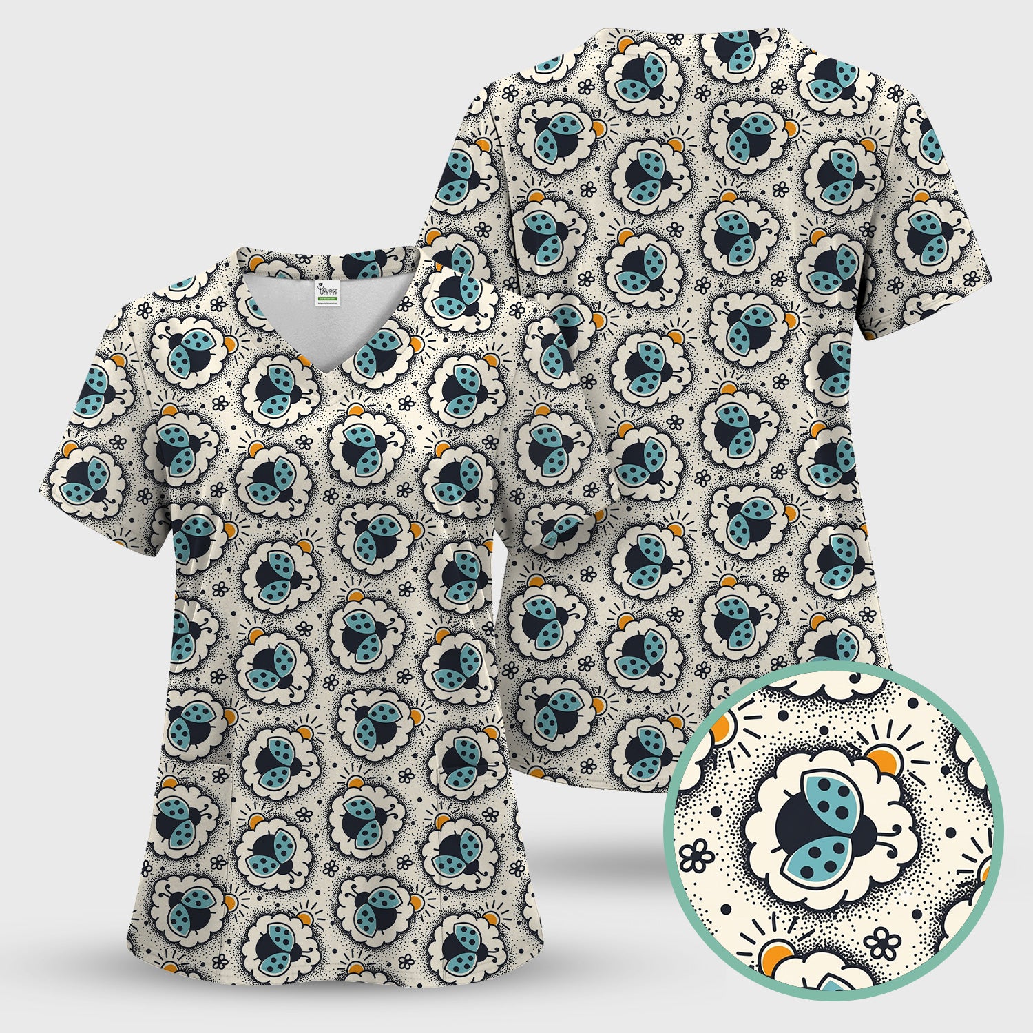 Cute Ladybug in Floral Frame Pattern Scrub Top, Breathable Fabrics Nursing Uniform