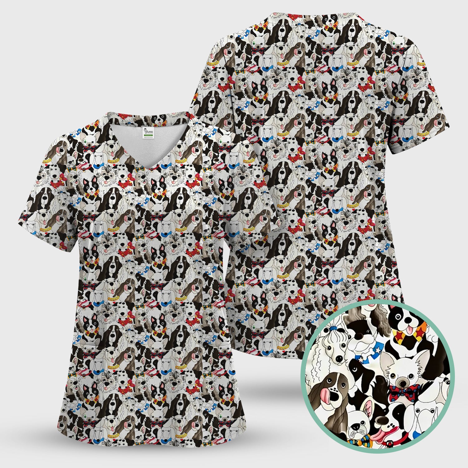 Cute Dog Cartoon All Over Print Scrub Top, Breathable Fabrics Nursing Uniform