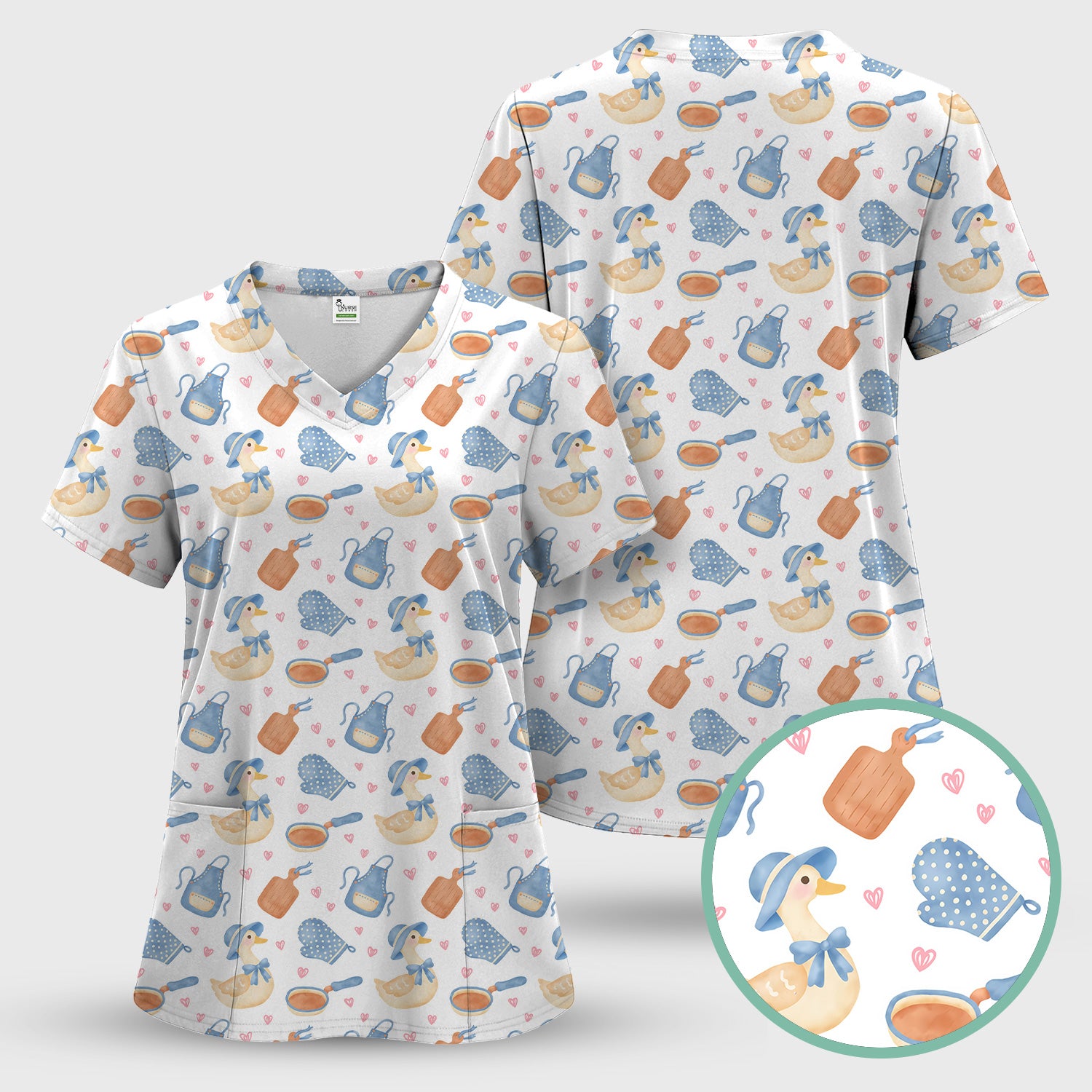 Duck Apron Kitchen Utensil Heart Pattern Scrub Top, Comfortable Scrubs for Nurses