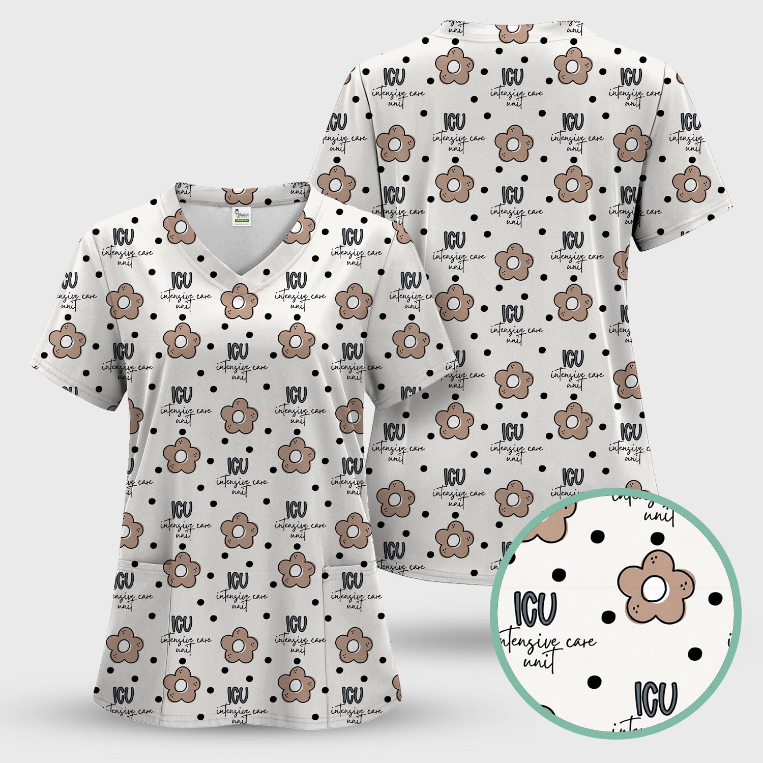 Cute ICU Nurse Flower Polka Dot Pattern Scrub Top, Comfortable Scrubs for Nurses