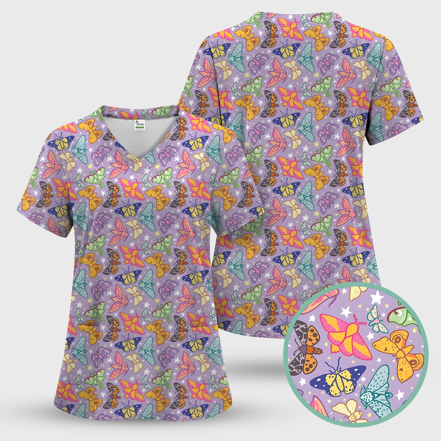 Colorful Butterfly Moth Pattern Scrub Set, Scrub Pants and V Neck Top