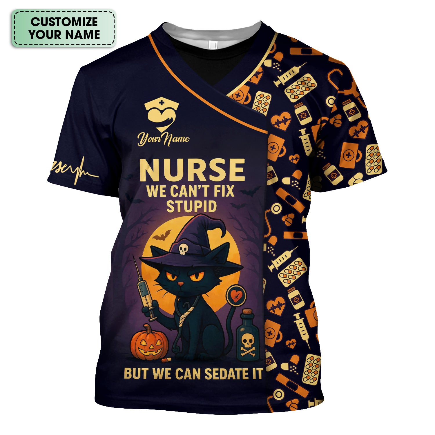 Personalized Halloween Nurse Scrub Top - We Can’t Fix Stupid Black Cat Quote - Gift for RN CNA LPN