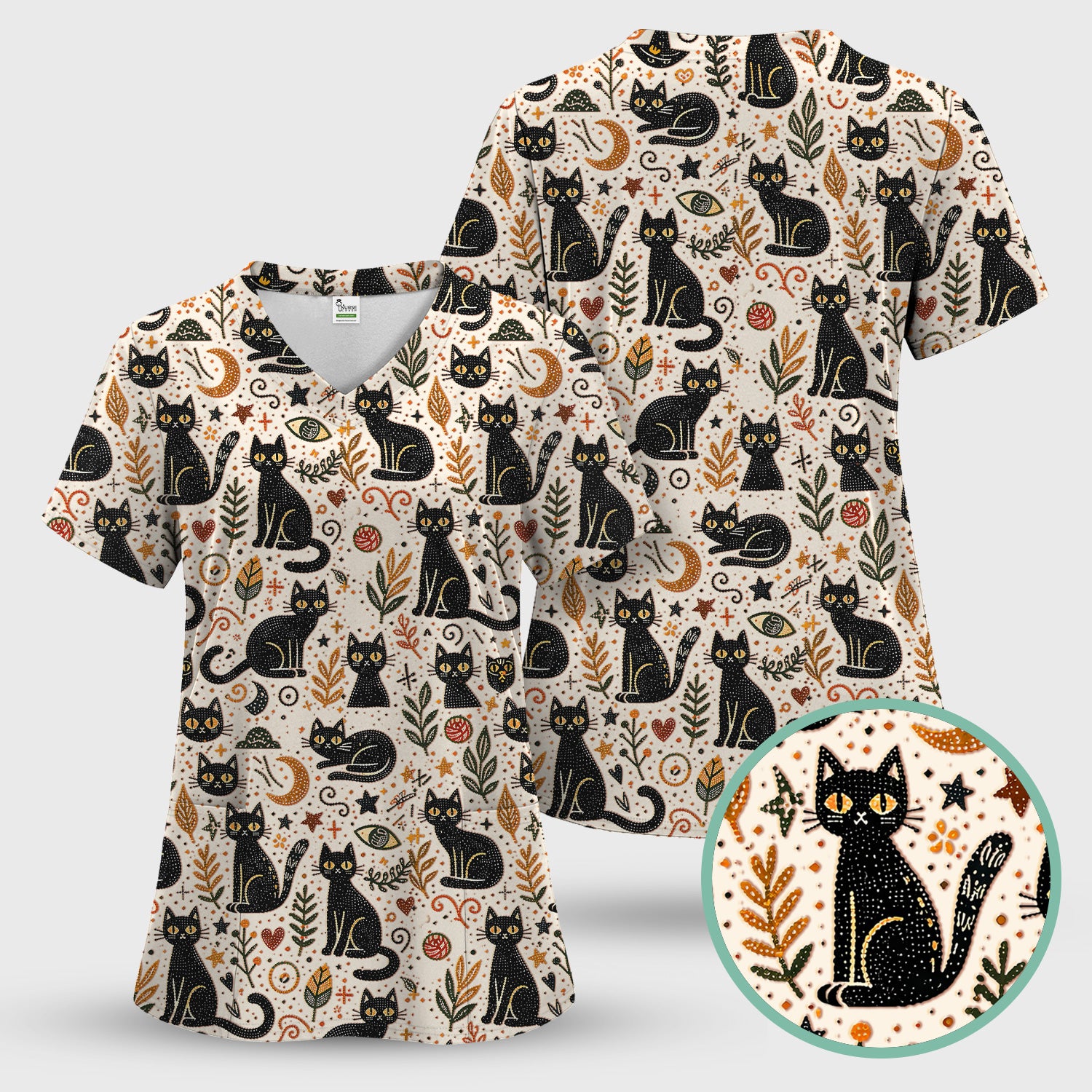 Mystic Black Cat Celestial Doodle Pattern Scrub Top, Comfortable Scrubs for Nurses