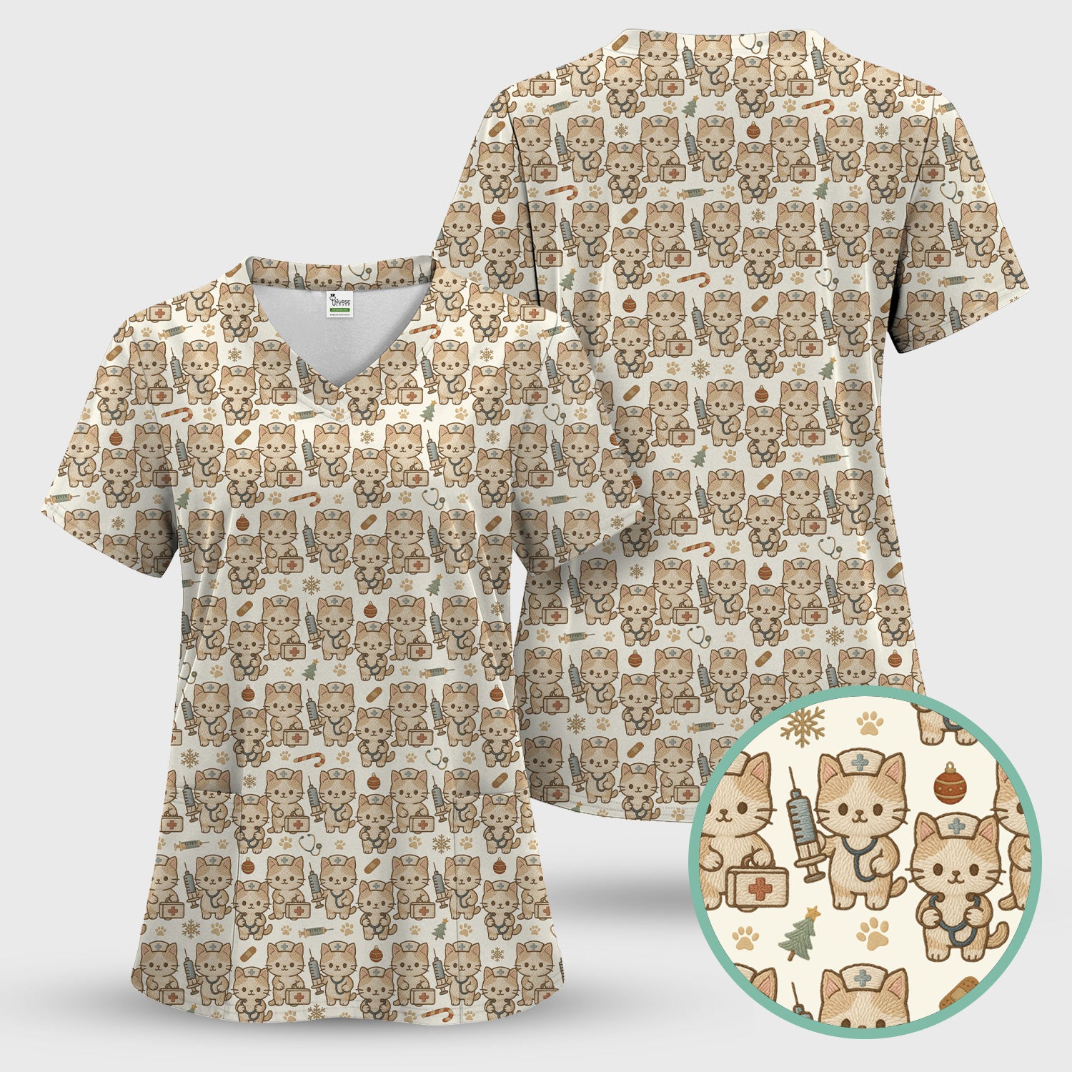 Cute Cat Nurse Christmas Scrub Top, Kawaii Kitty Medical Pattern Shirt, Breathable Fabrics Nursing Uniform