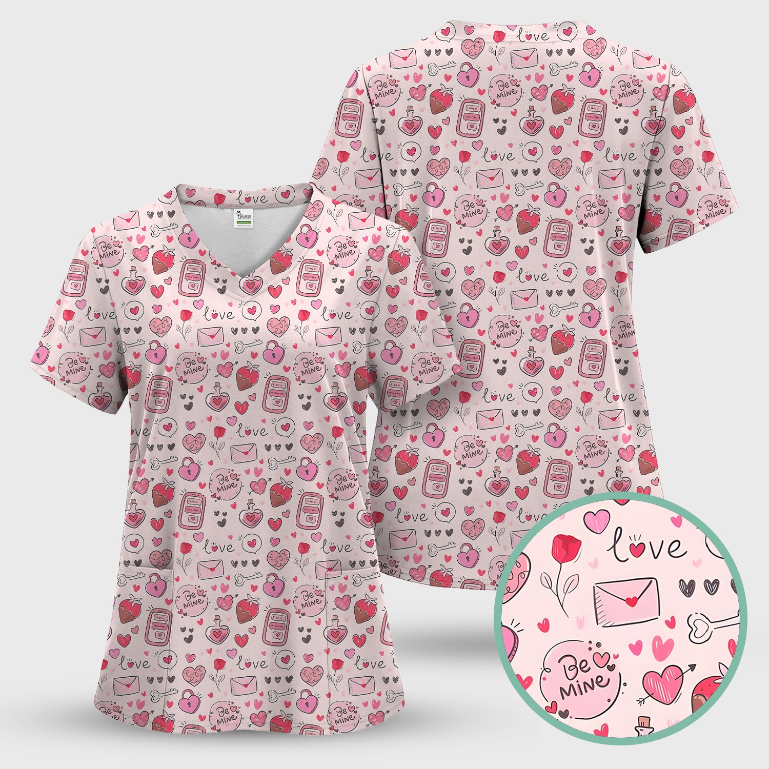 Be Mine Heart Pattern Pattern Scrub Top, Pink Valentine Pattern Nursing Uniform For Women