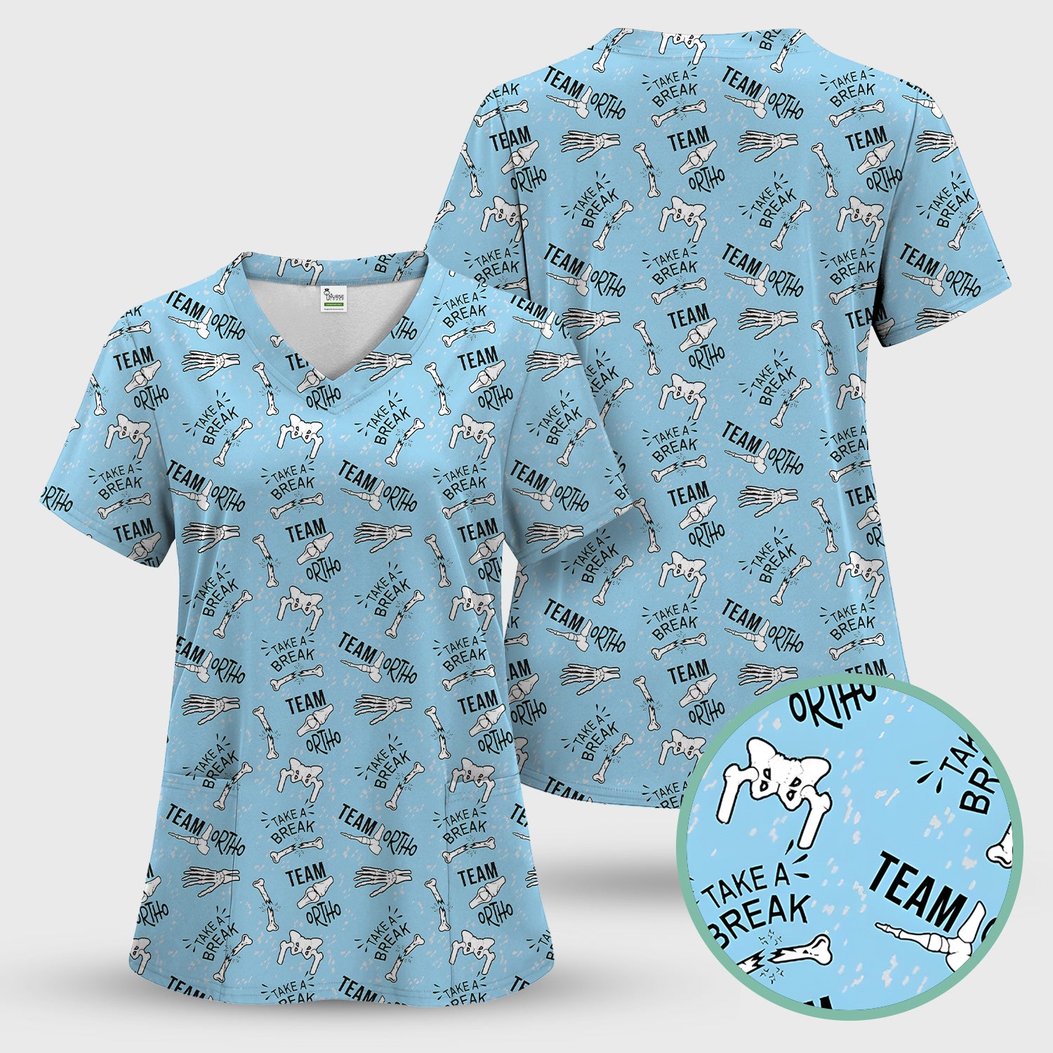 Team Ortho Bone Joint Print Scrub Top, Breathable Fabrics Nursing Uniform