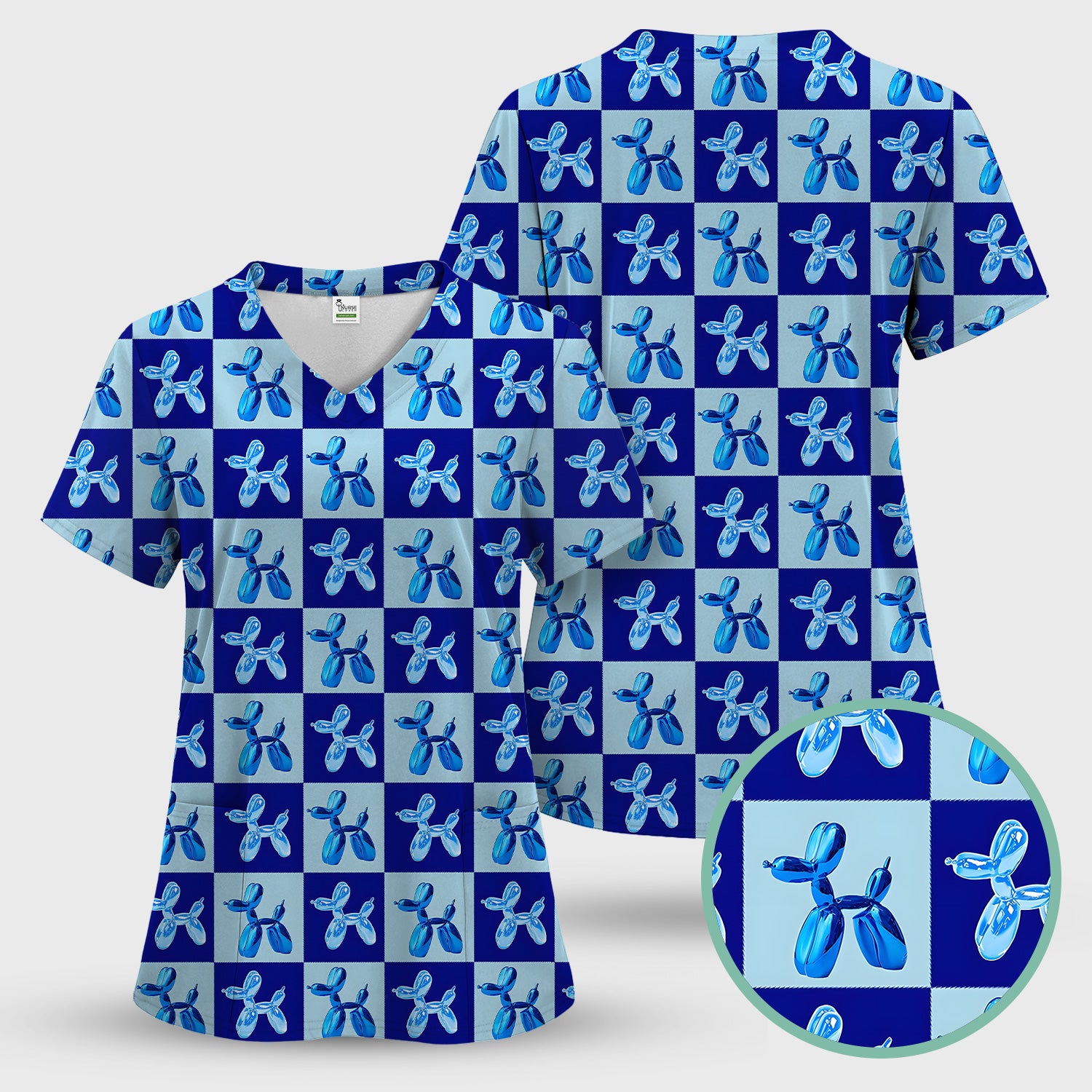 Cute Blue Balloon Dog Checkered Pattern Scrub Set, Women's Scrub Sets