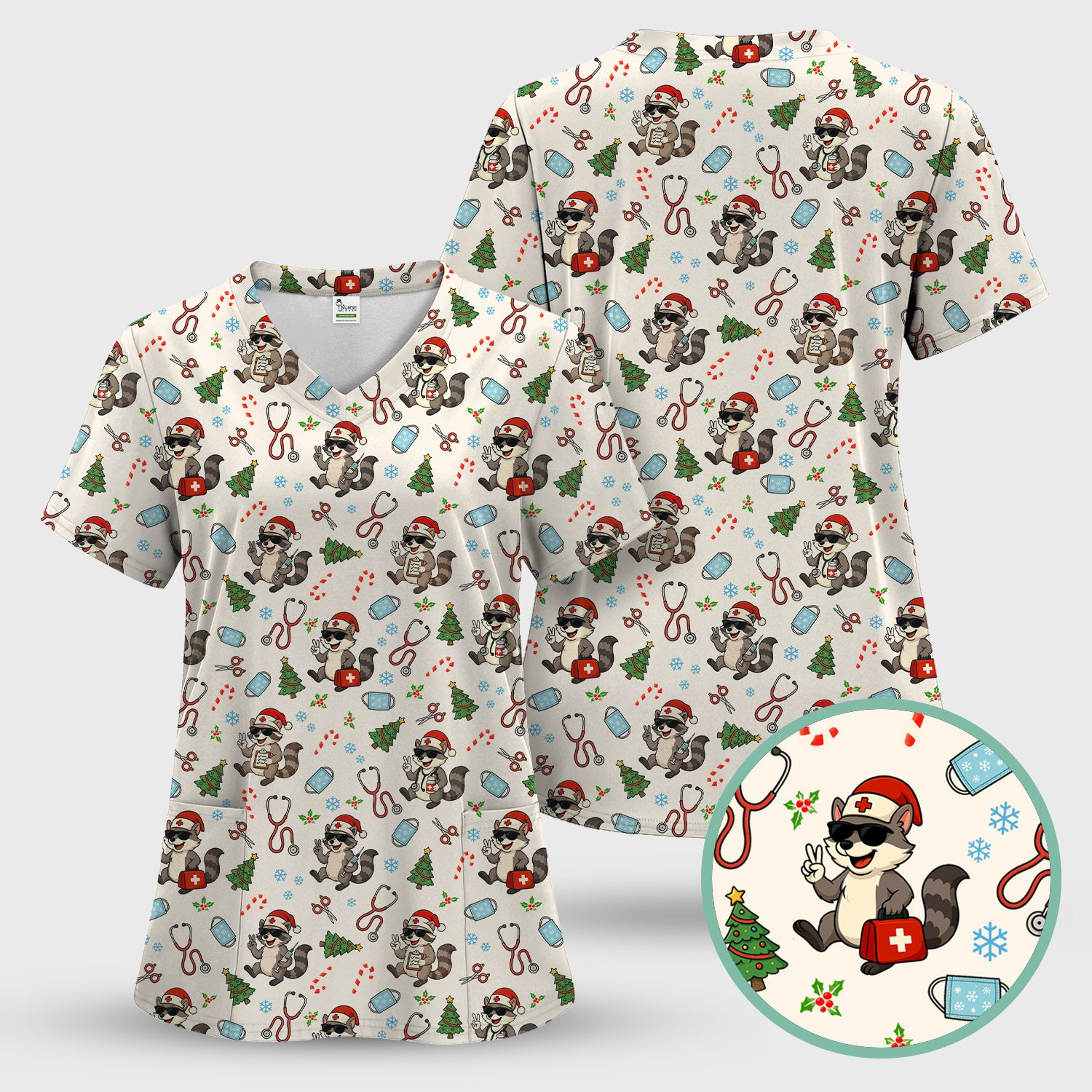 Funny Christmas Nurse Scrub Set - Raccoon Pattern with Santa Hat, Stethoscope and Tree - Cute Holiday Medical Scrubs Pants and Top Gift for RN CNA LPN