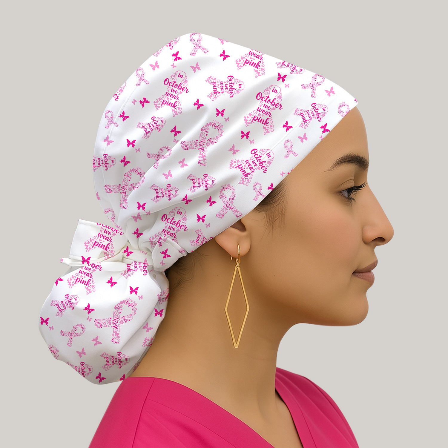 Custom October Scrub Cap with Pink Ribbon Print - Inspiring Breast Cancer Awareness Design - Gift for CNA, LPN, Medical Worker