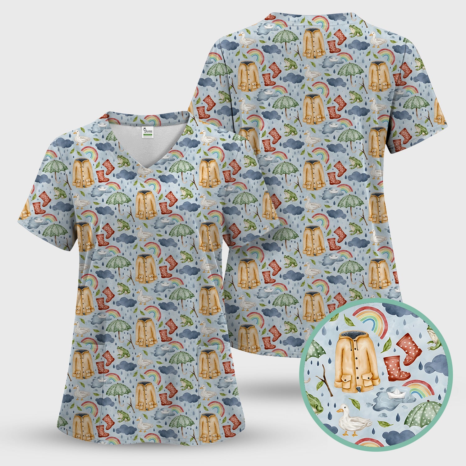 Cute Rainy Day Ducks & Frog Rainbow Pattern Scrub Top, Colorful Gothic Nurse Scrubs Uniform