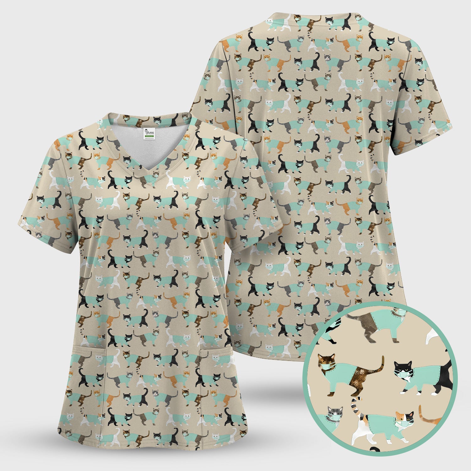 Playful Cat Nurse All Over Print Scrub Set, Scrub Pants and V Neck Top