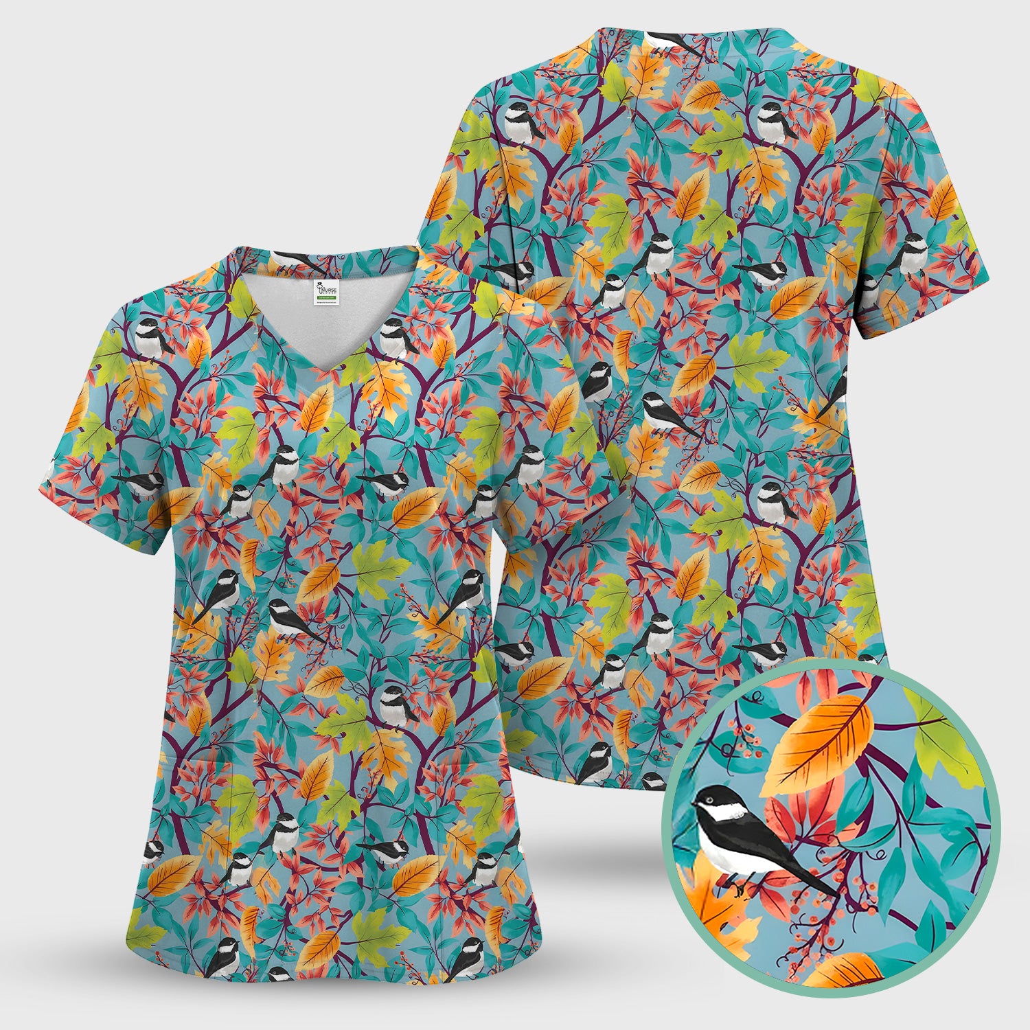 Autumn Leaf Chickadee Bird Pattern Scrub Top, Breathable Fabrics Nursing Uniform