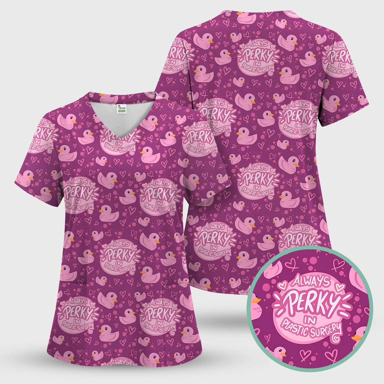 Always Perky Plastic Surgery Duck Pattern Scrub Top, Comfortable Scrubs for Nurses