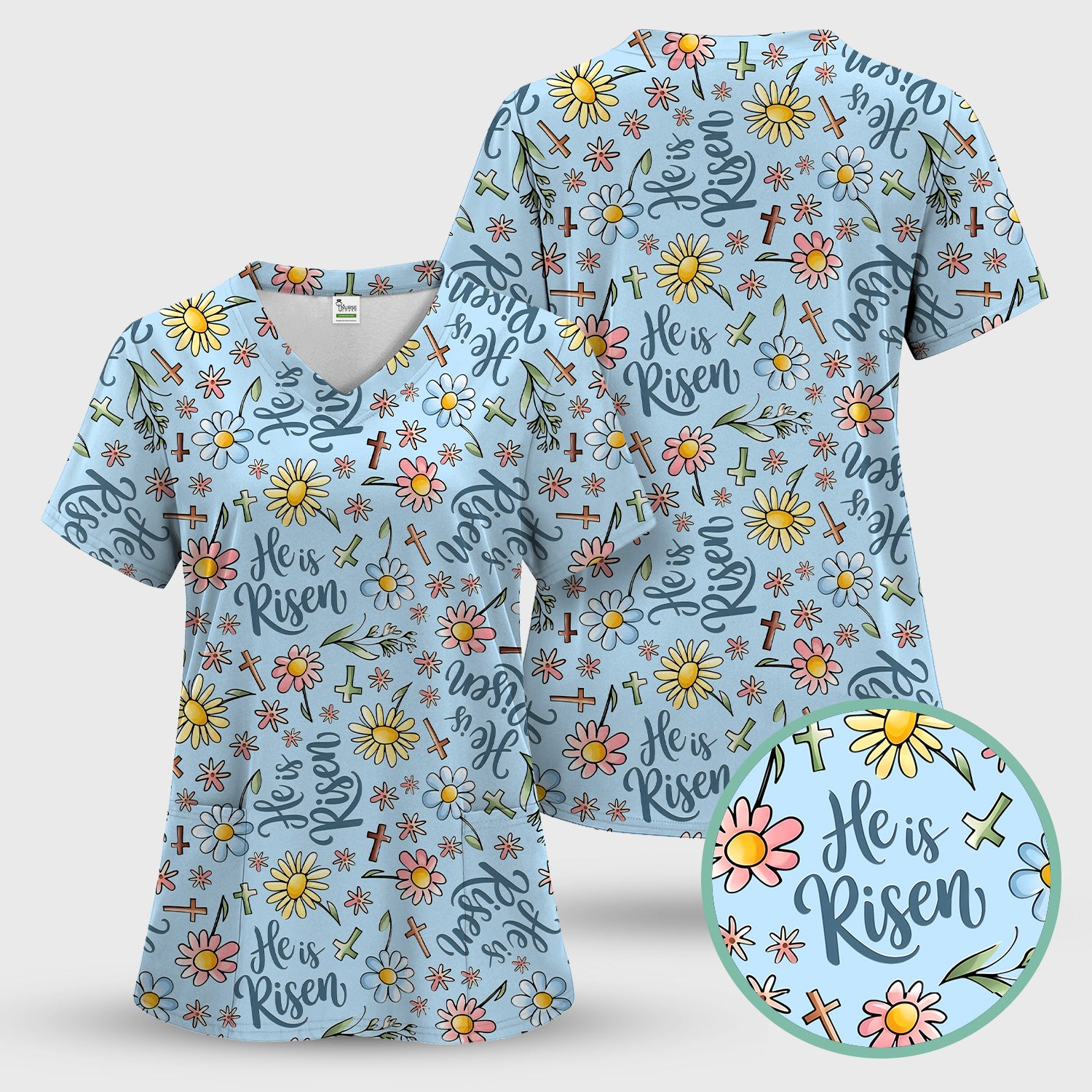 He Is Risen Cross Flower Pattern Scrub Set, Nurse Uniform Scrubs Set