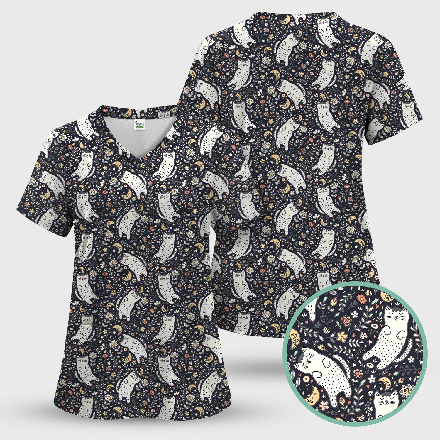 Moonlit Floral Cat Seamless Pattern Scrub Set, Scrub Pants and V Neck Top