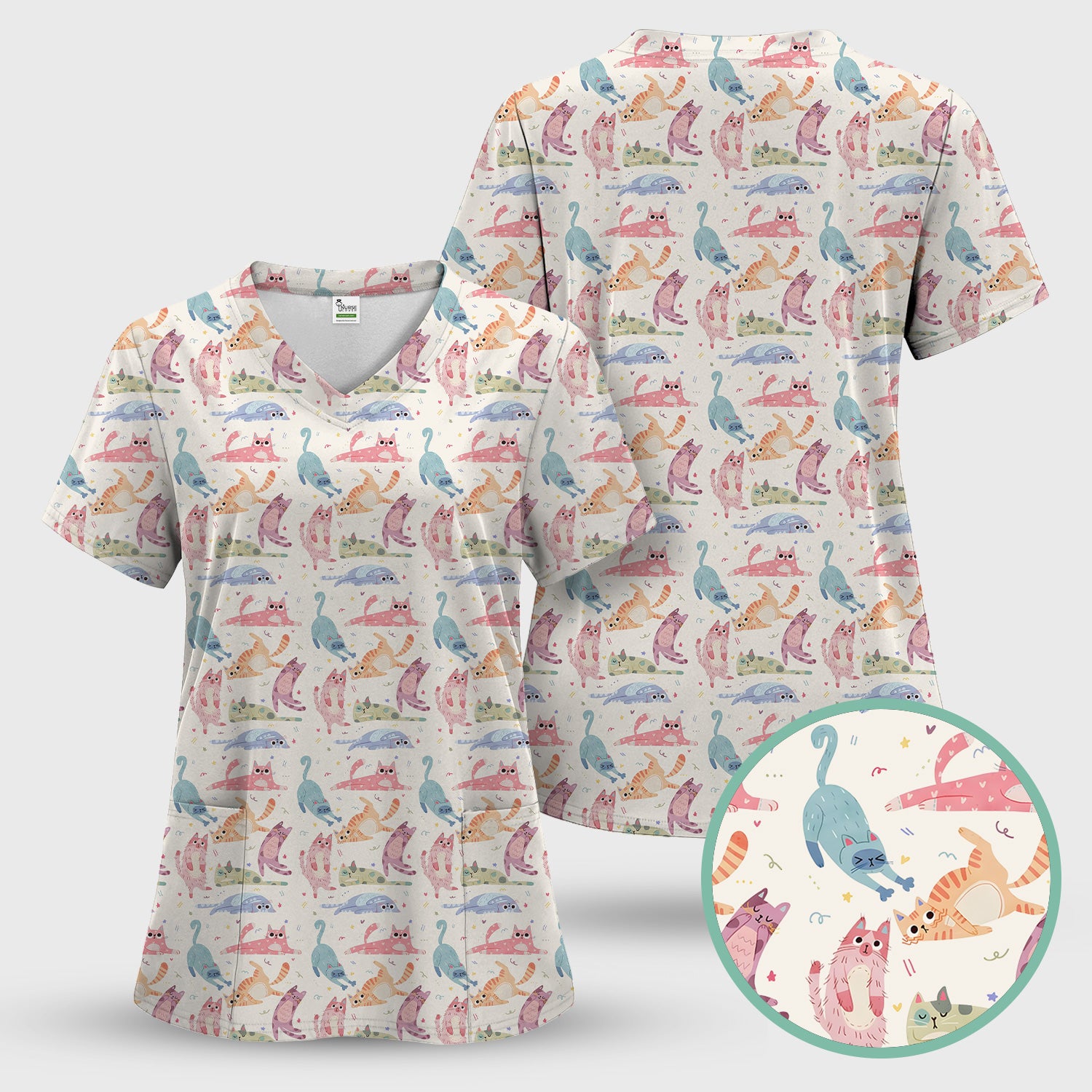 Funny Pastel Cat Pattern Medical Scrub Top, Breathable Fabrics Nursing Uniform