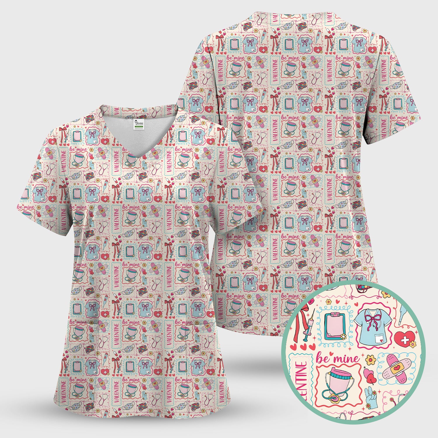 Valentine Medical Hearts Bandages Syringes Scrub Top, Comfortable Scrubs for Nurses