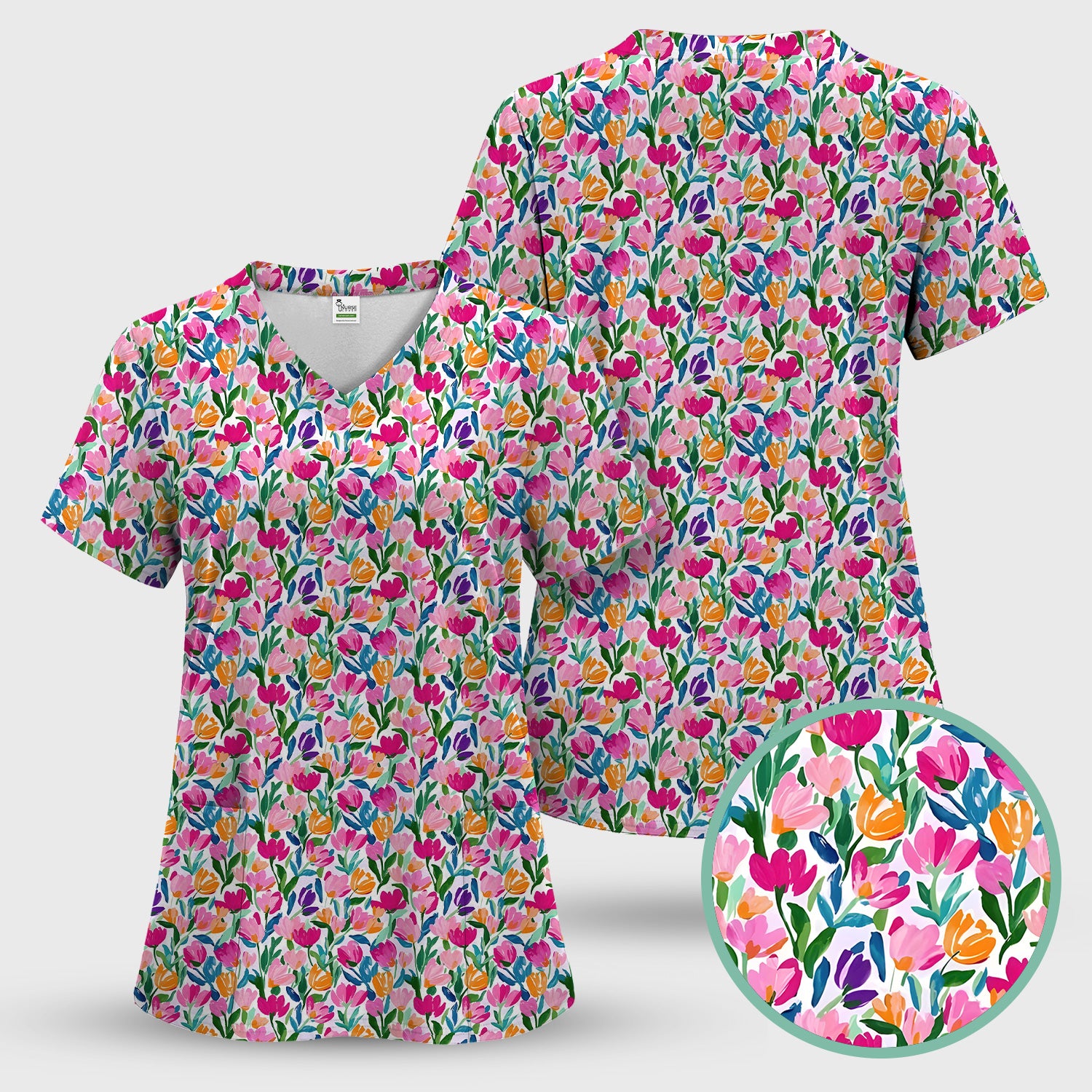 Vibrant Tulip Meadow Pattern Scrub Top, Breathable Fabrics Nursing Uniform
