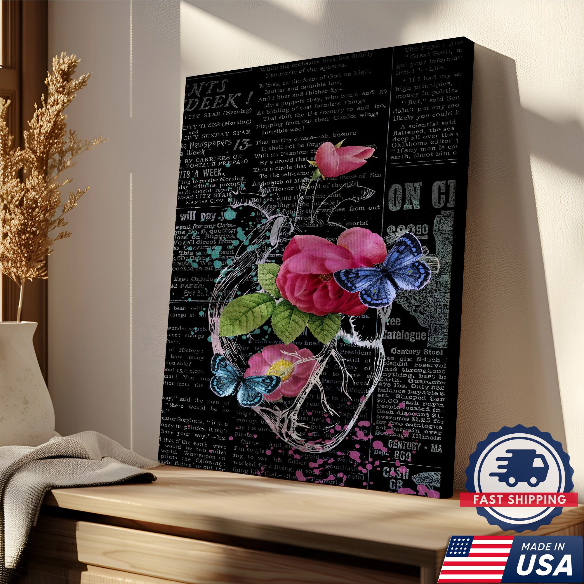 Romantic Rose and Butterfly Canvas, Vintage Newspaper Style, RN LPN CNA Healthcare Workers Gift