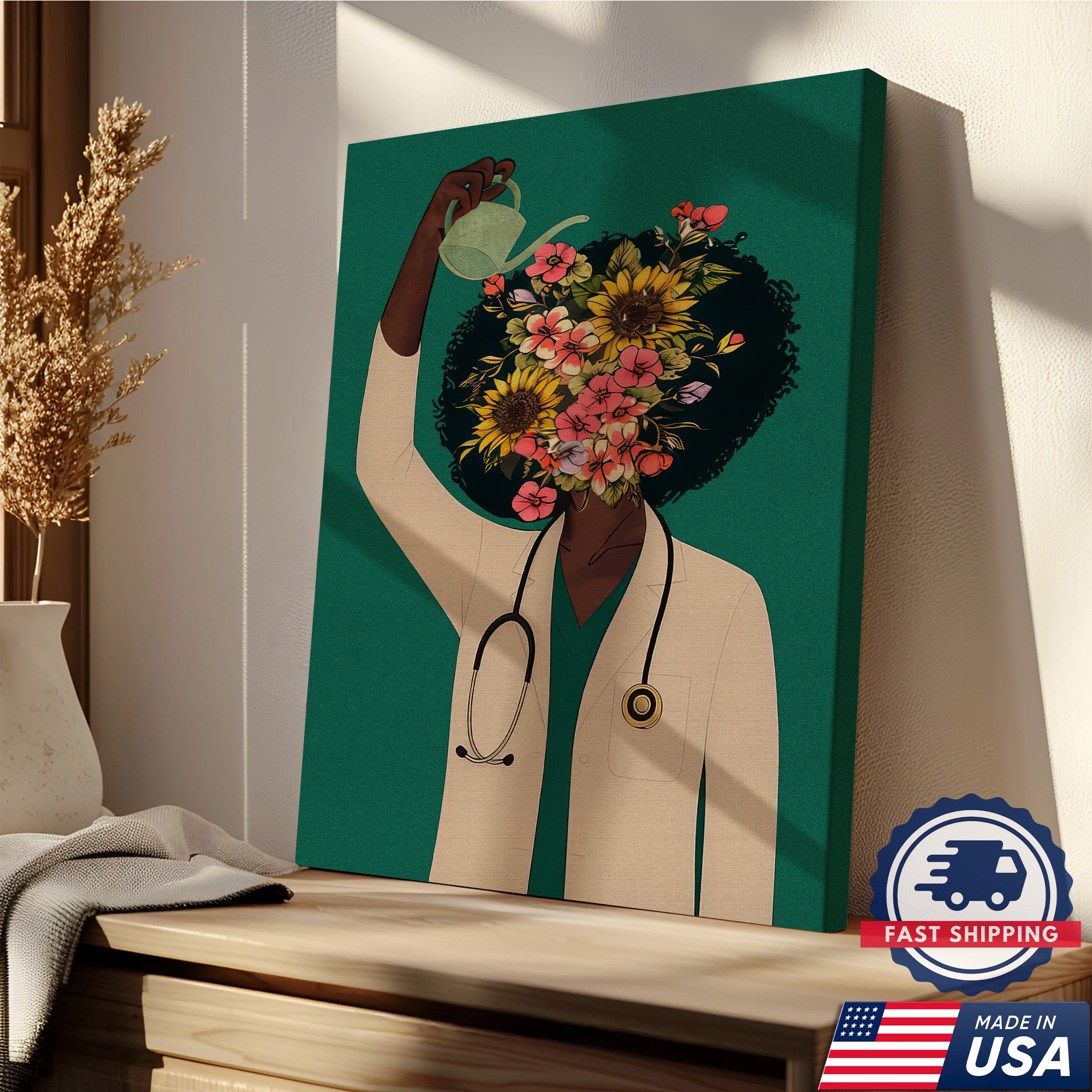 Nurse Floral Canvas Wall Art, Inspirational Medical Office Decor, RN LPN CNA Healthcare Workers Gift