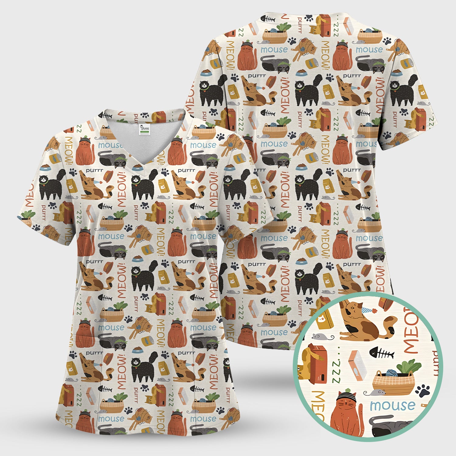 Meow Purr Cat Life Print Scrub Top, Comfortable Scrubs for Nurses