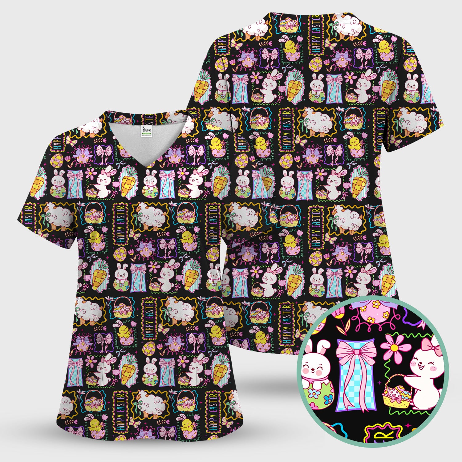 Cute Easter Bunny Egg and Bow Print Scrub Top, Breathable Fabrics Nursing Uniform