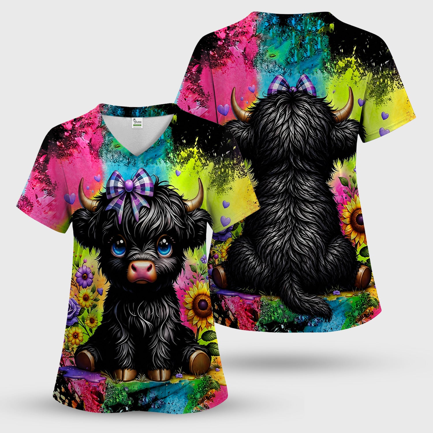 Baby Highland Cow Floral Print Scrub Top, Comfortable Scrubs for Nurses