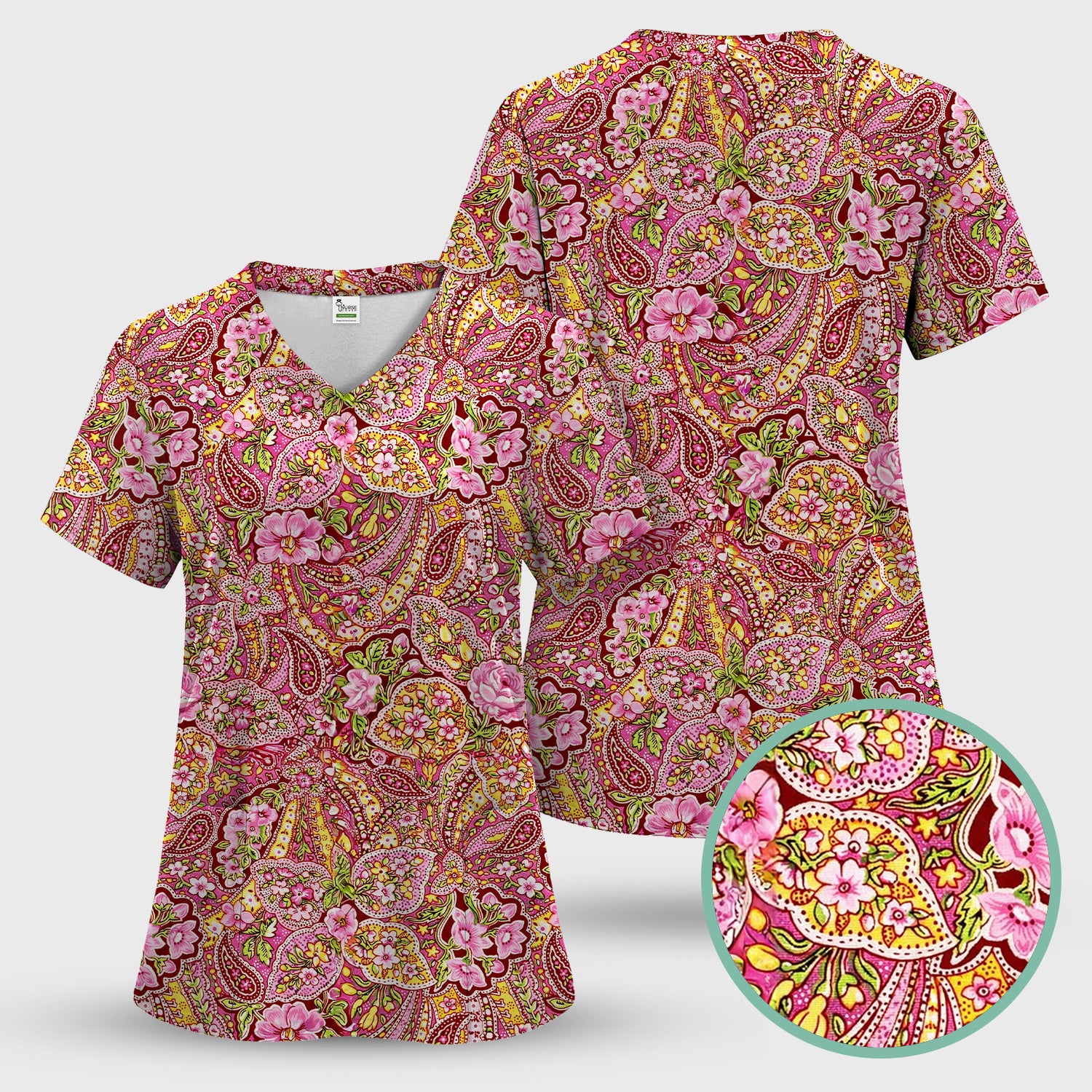 Pink Floral Paisley Blossom Print  Scrub Set, Scrub Pants and V Neck Top
