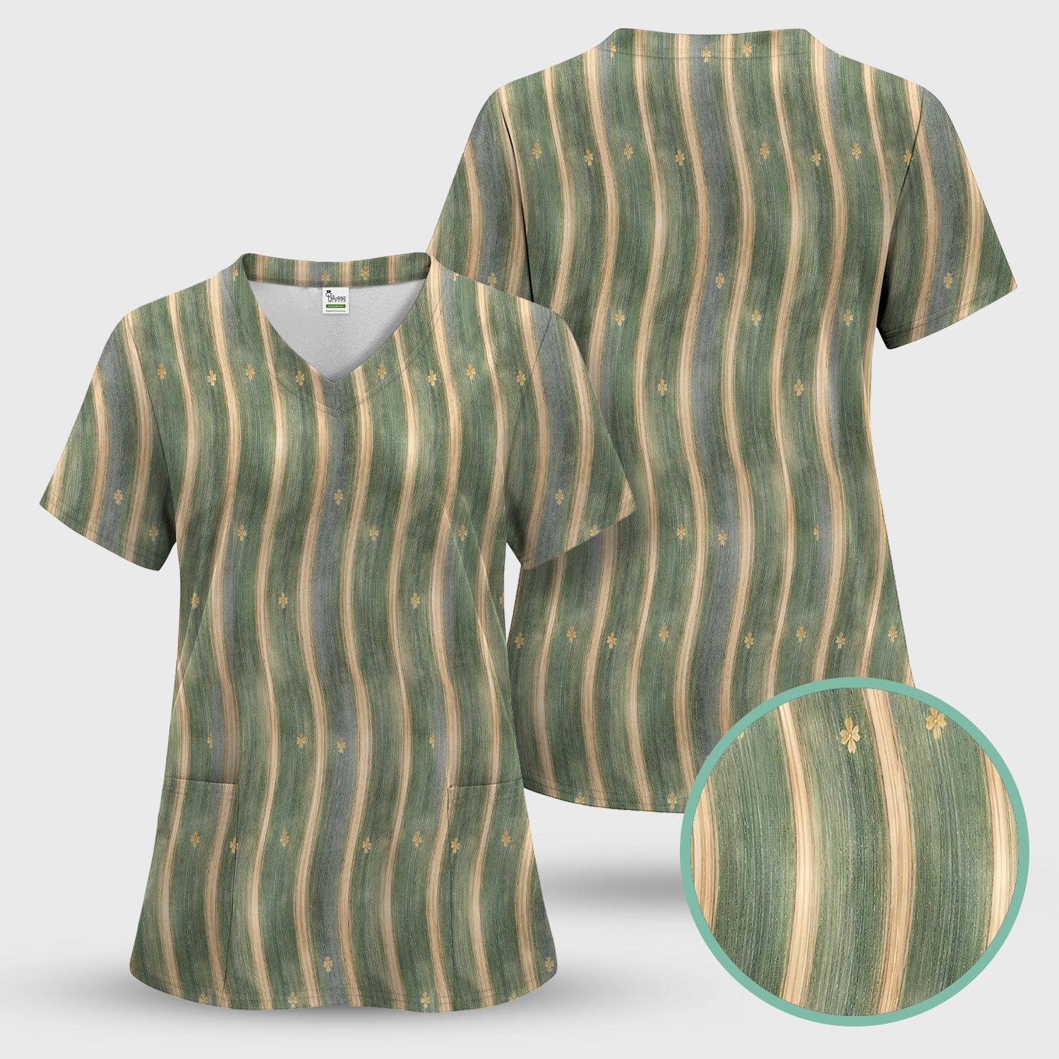 Charming Nurse Green Vertical Stripe Small Floral Pattern Scrub Set, Scrub Pants and V Neck Top