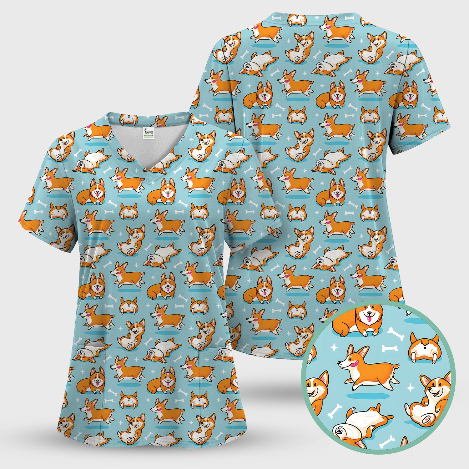 Corgi Dog Playing Rolling Bone Pattern Scrub Set, Scrub Pants and V Neck Top