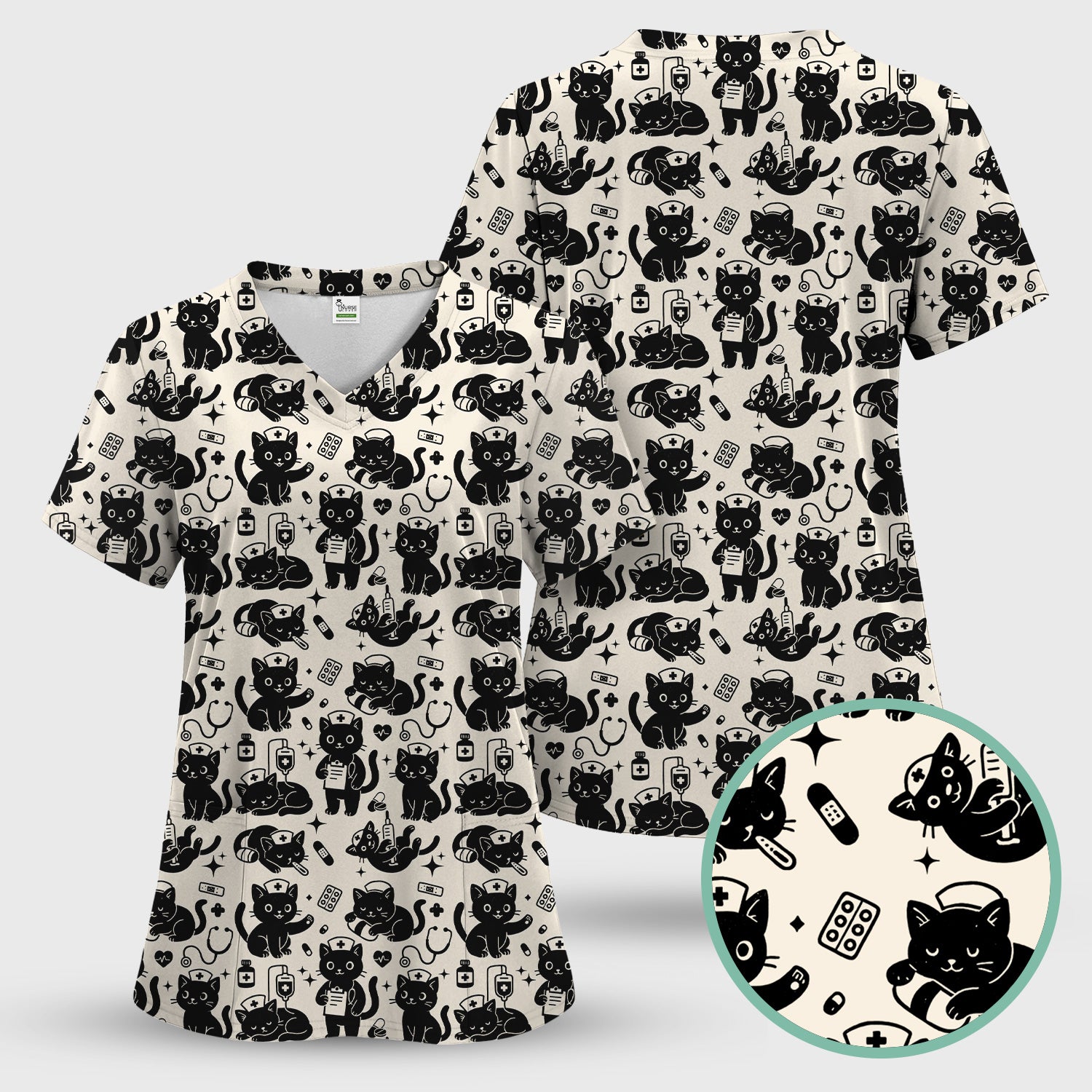 Cute Black Cat Nurse Pattern Scrub Top, Breathable Fabrics Nursing Uniform